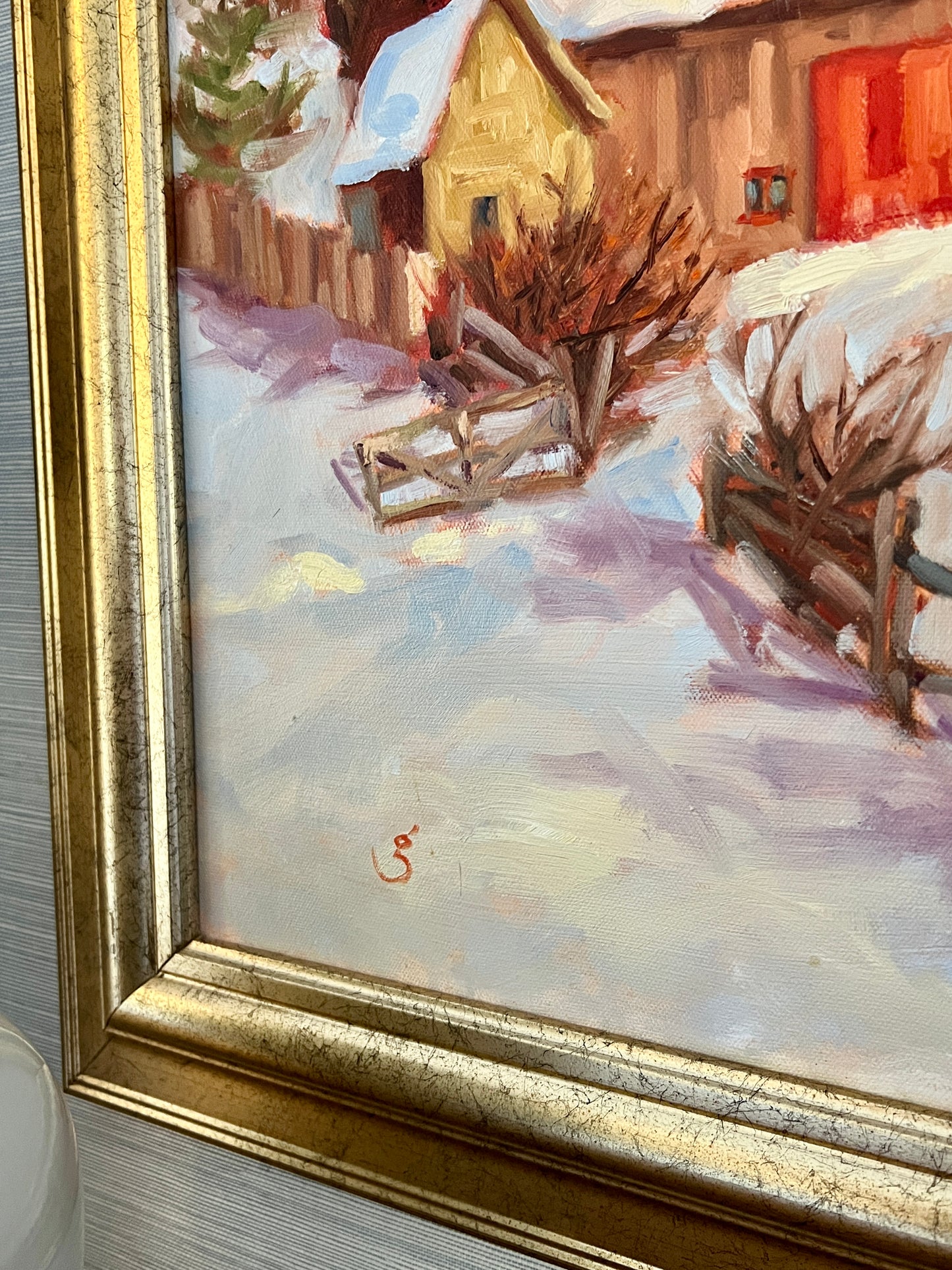 Geoff Bladon Colorful American Winter Farm Landscape Oil Painting in Gold Frame