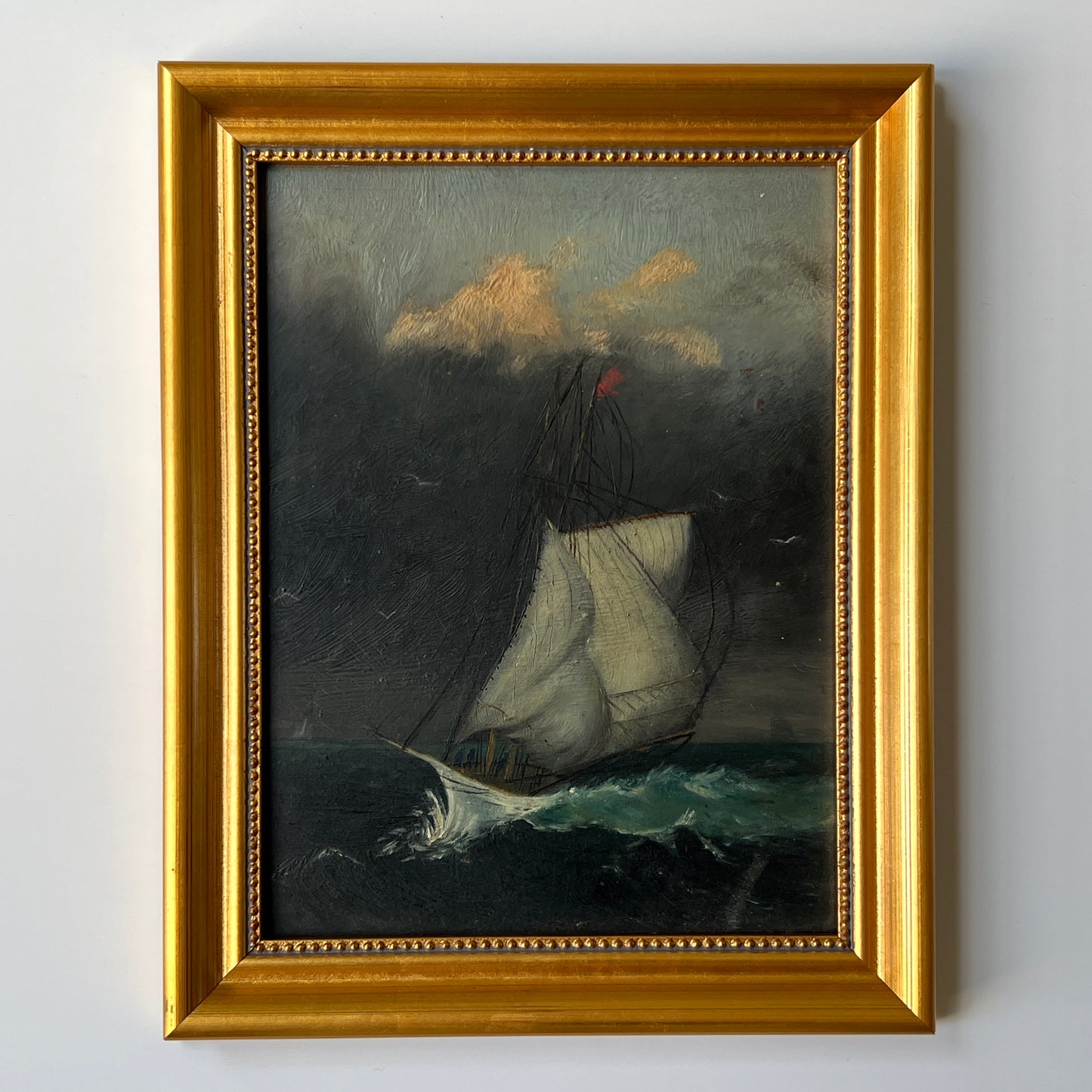 19th Century American Oil Painting of Sail Ship Seascape in Gold Frame