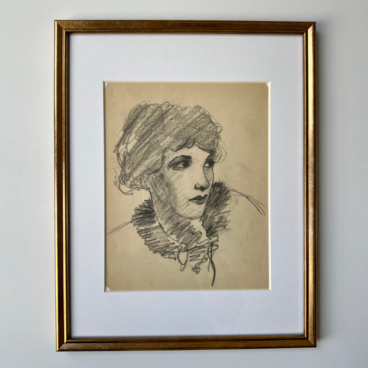 1920s Art Deco Female in Fur Collar Portrait Drawing in Gold Frame