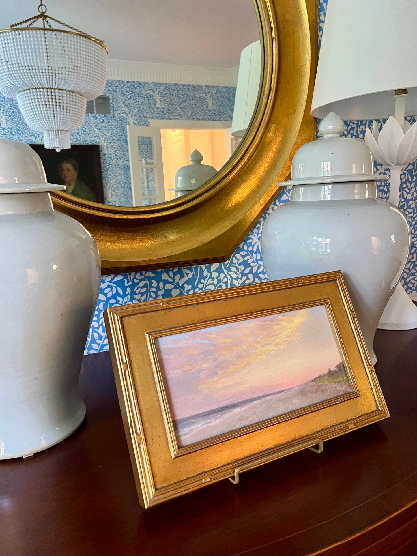 Fire Island, NY Sunset Coastal Landscape Oil Painting in Gold Frame