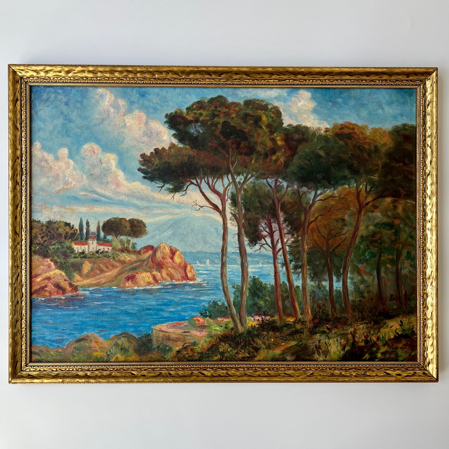 Mid Century European Coastal Landscape with Sailboats Oil Painting in Gold Frame