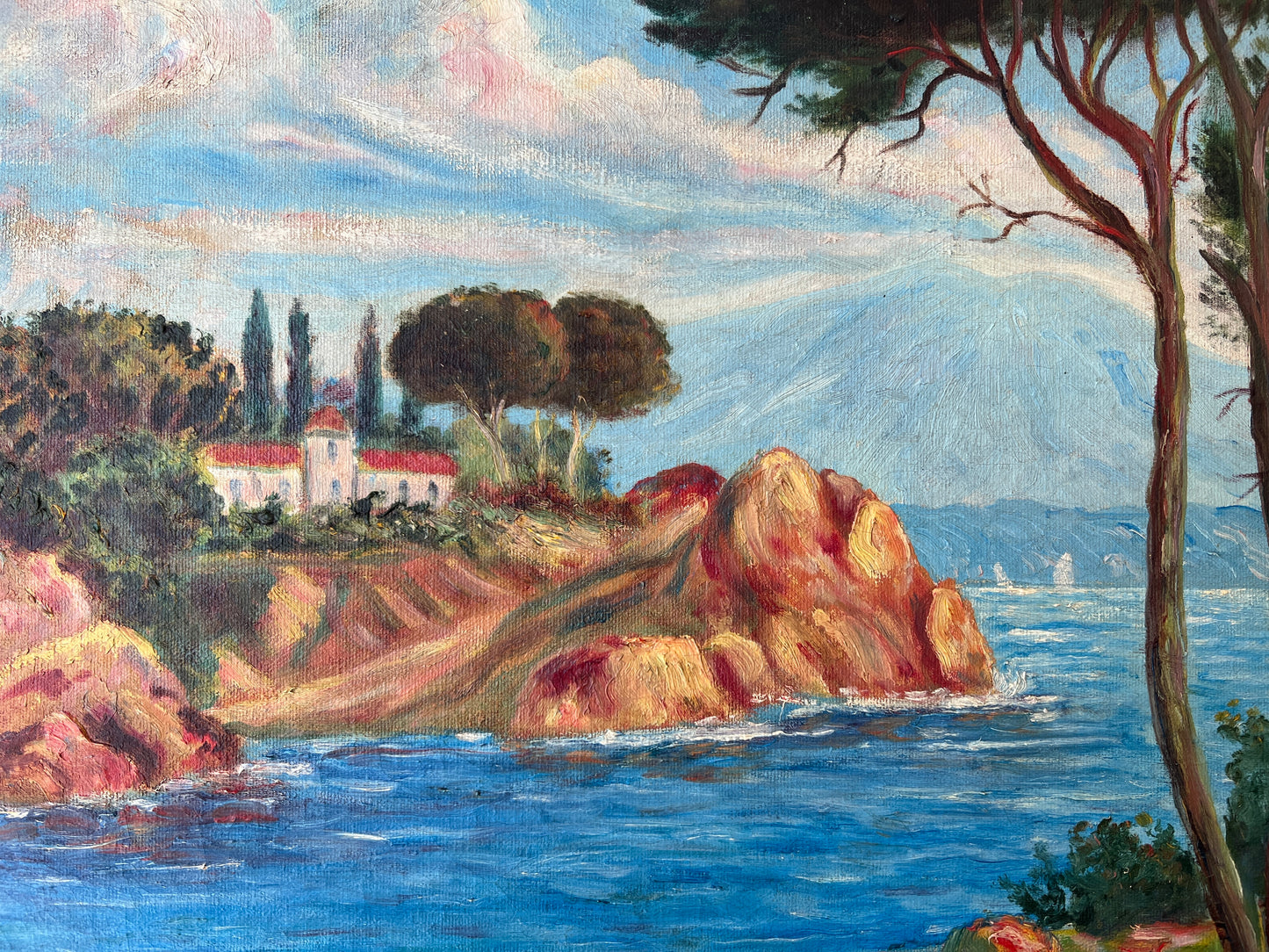 Mid Century European Coastal Landscape with Sailboats Oil Painting in Gold Frame