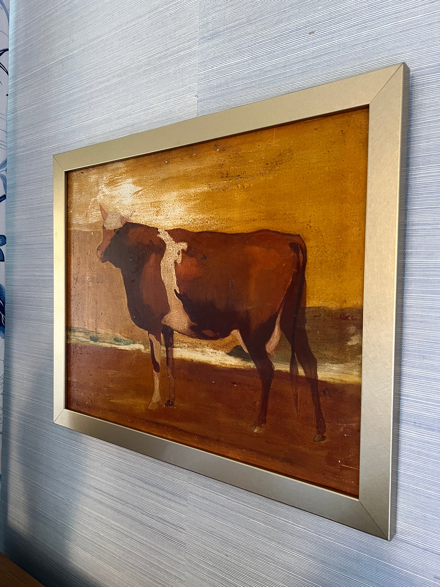 1940s Cow Portrait in Landscape Oil Painting in Gold Frame