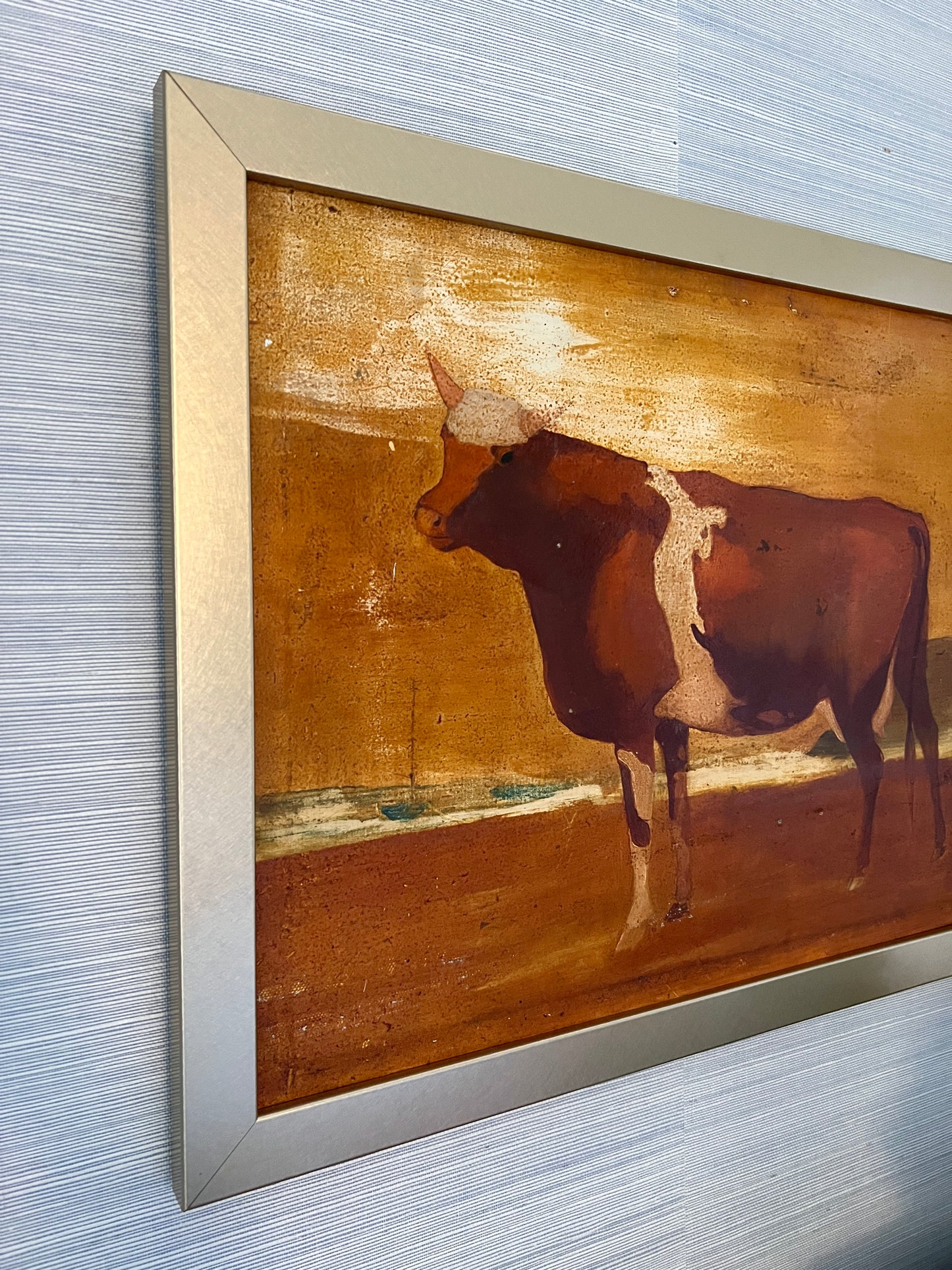 1940s Cow Portrait in Landscape Oil Painting in Gold Frame