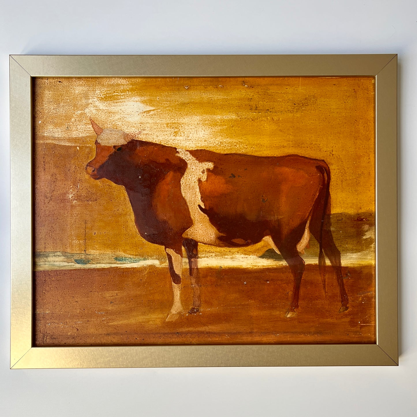 1940s Cow Portrait in Landscape Oil Painting in Gold Frame