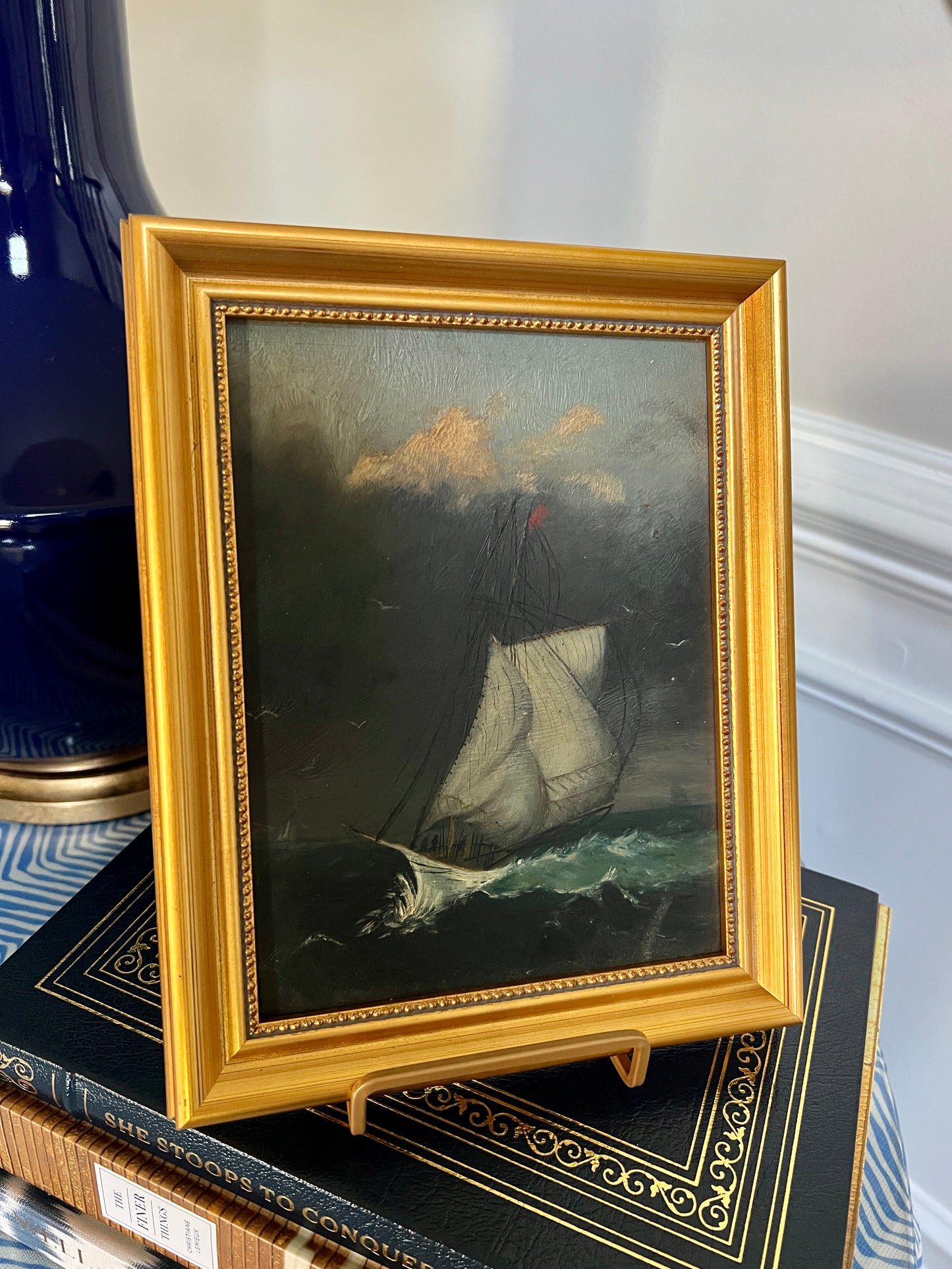 19th Century American Oil Painting of Sail Ship Seascape in Gold Frame