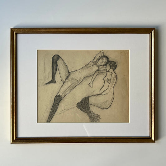 1920s Art Deco Female Nudes Reclining Portrait Drawing in Gold Frame