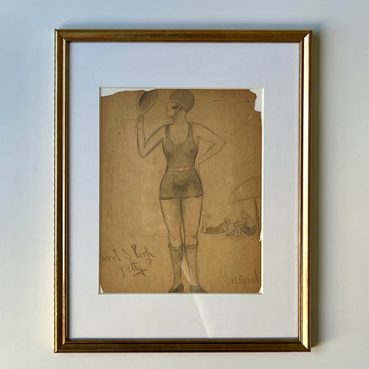 1920s Art Deco "Don't I Look Pretty?" Woman at Beach Portrait Drawing in Gold Frame