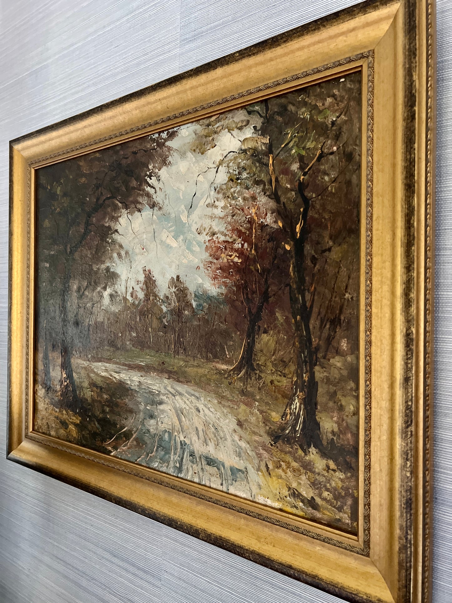 Vintage Impressionistic Walk in the Woods Forest Landscape Oil Painting in Gold Frame