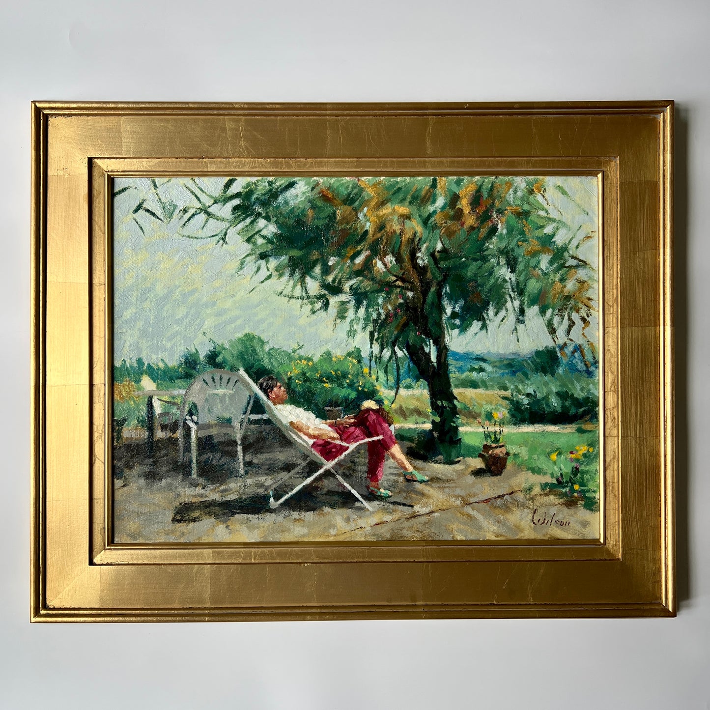 David Wilson (1919-2013) "Francoise And Tamarind Montseveroux France" Garden Nap Oil Painting in Gold Frame