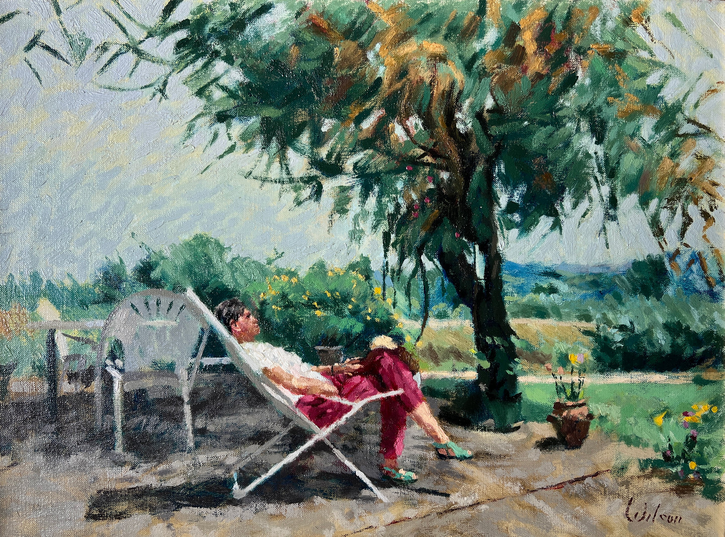 David Wilson (1919-2013) "Francoise And Tamarind Montseveroux France" Garden Nap Oil Painting in Gold Frame