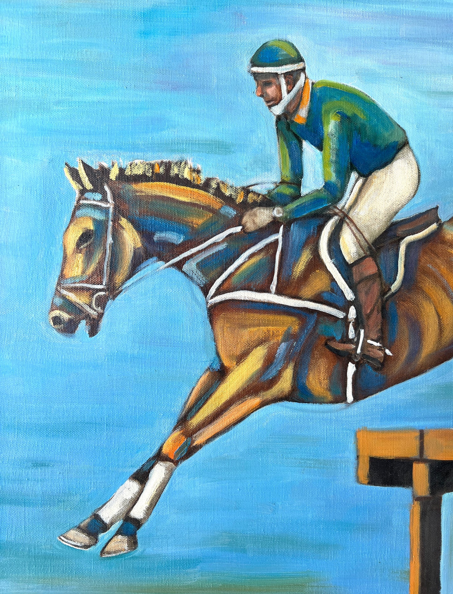 DeVona Cox (1929-2010) Modern Equestrian Horse and Jockey Steeplechase Oil Painting in Gold Frame