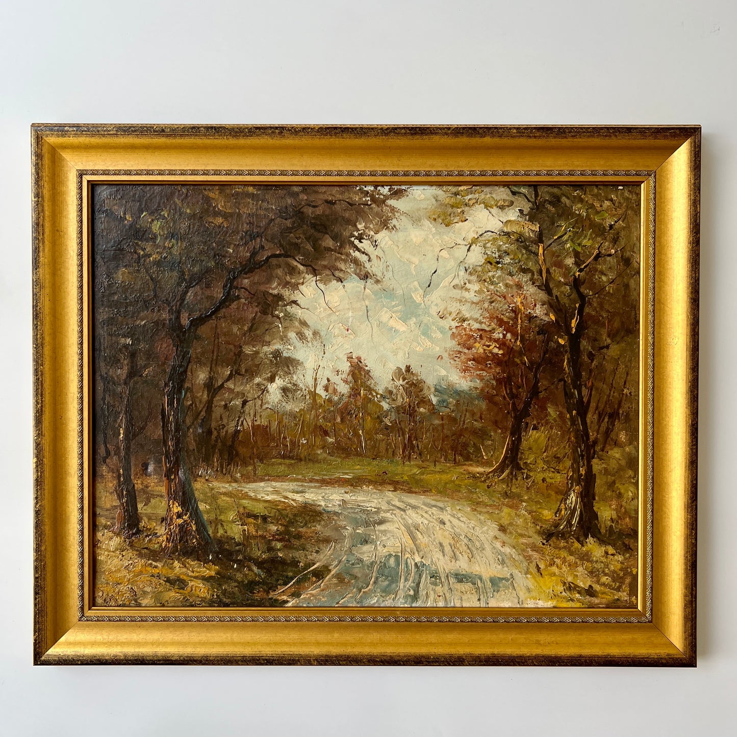 Vintage Impressionistic Walk in the Woods Forest Landscape Oil Painting in Gold Frame