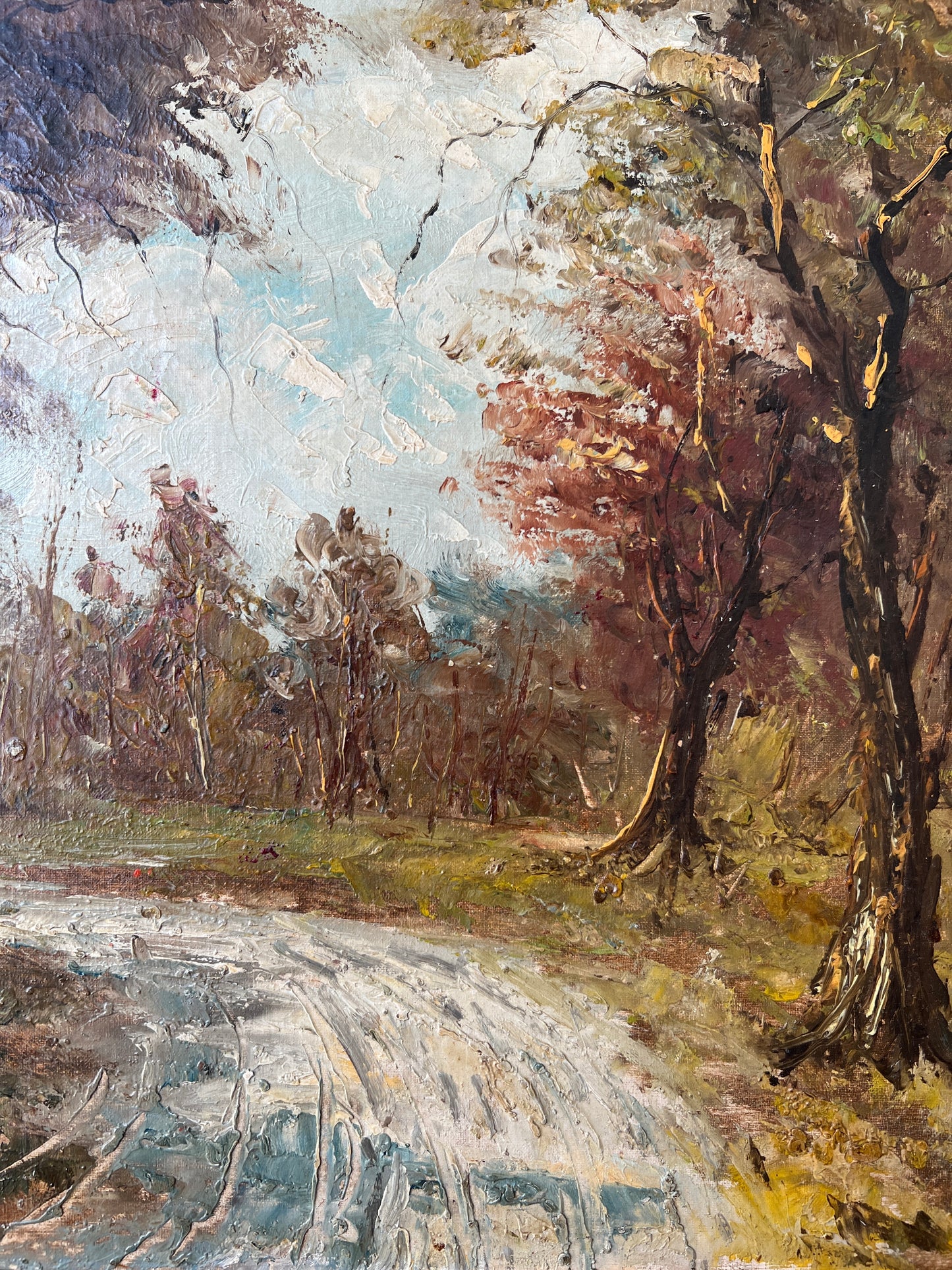 Vintage Impressionistic Walk in the Woods Forest Landscape Oil Painting in Gold Frame