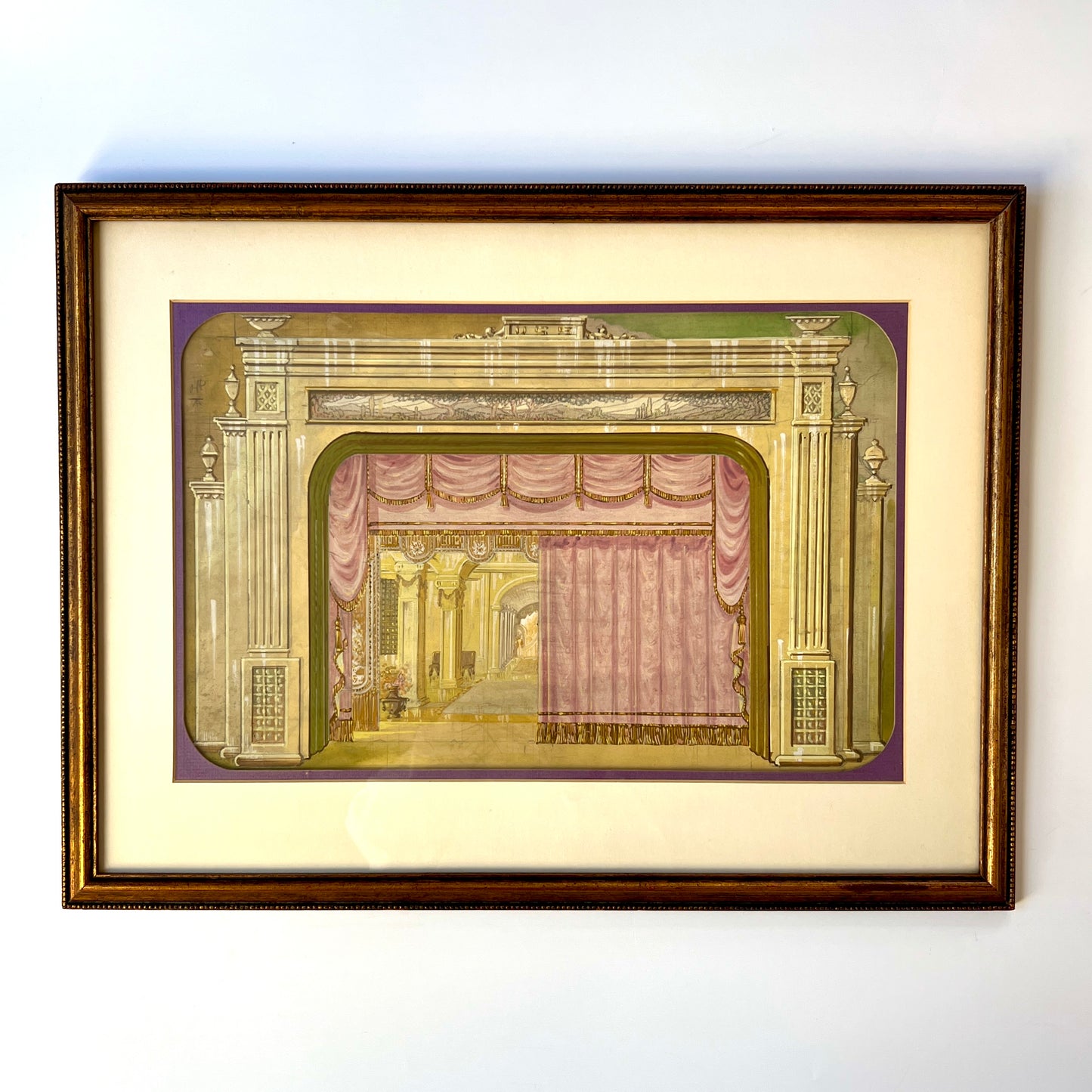 Early 20th C. Elaborate Art Deco Theatrical Set Design #1 Gouache Painting in Gilded Frame