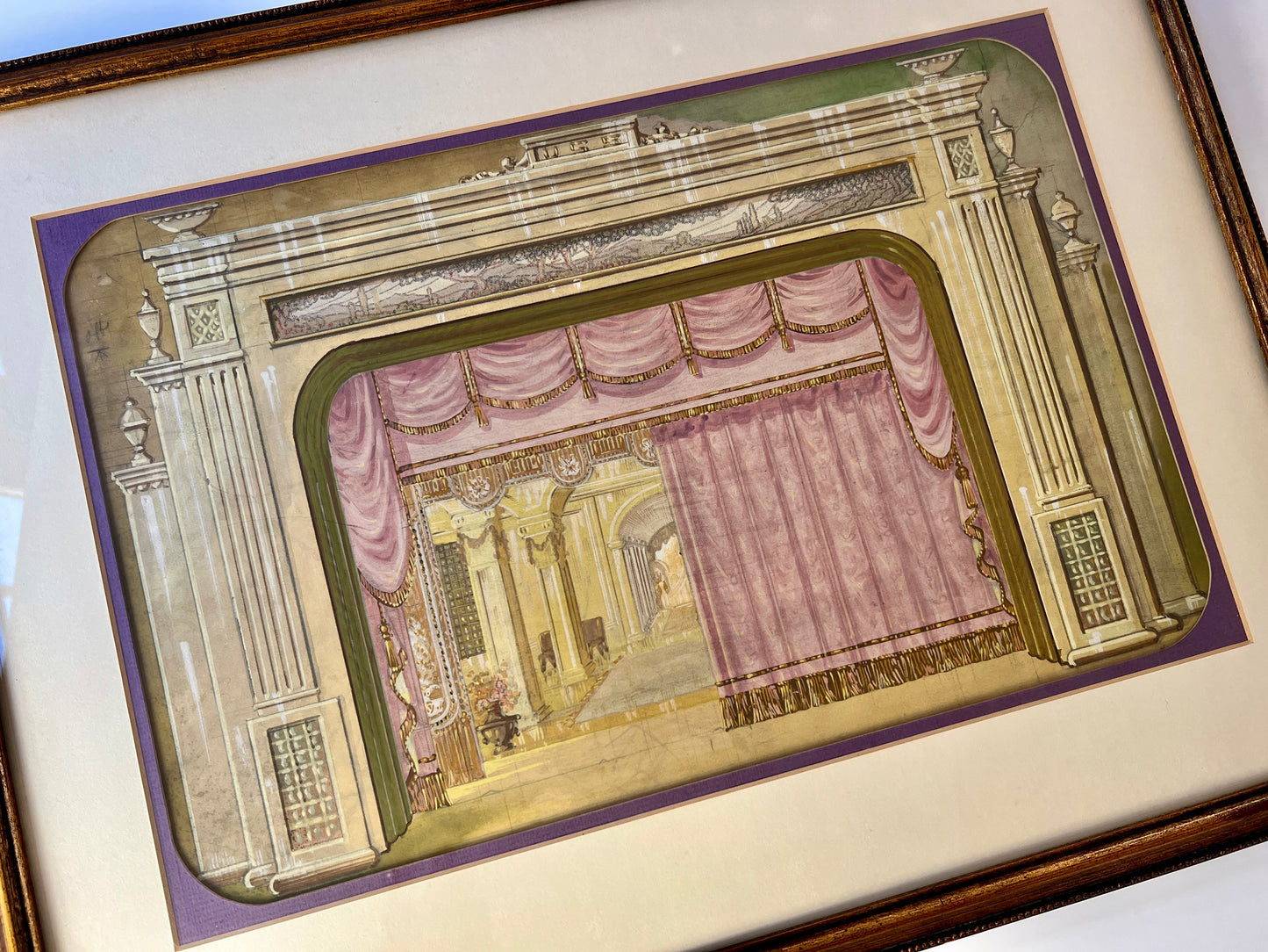 Early 20th C. Elaborate Art Deco Theatrical Set Design #1 Gouache Painting in Gilded Frame