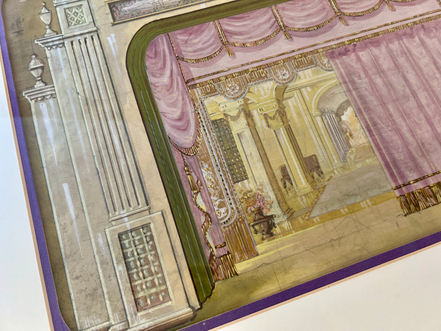 Early 20th C. Elaborate Art Deco Theatrical Set Design #1 Gouache Painting in Gilded Frame