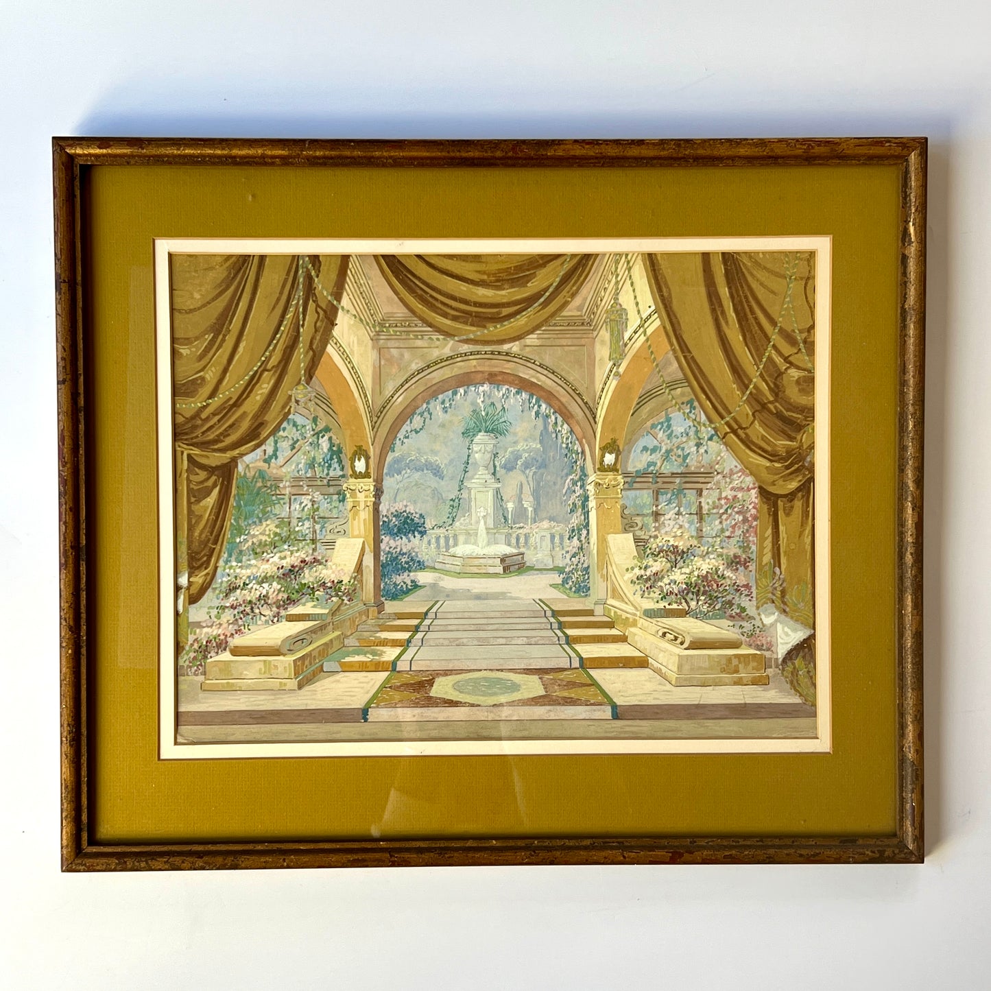 Early 20th C. Elaborate Art Deco Theatrical Set Design #2 Gouache Painting in Gilded Frame