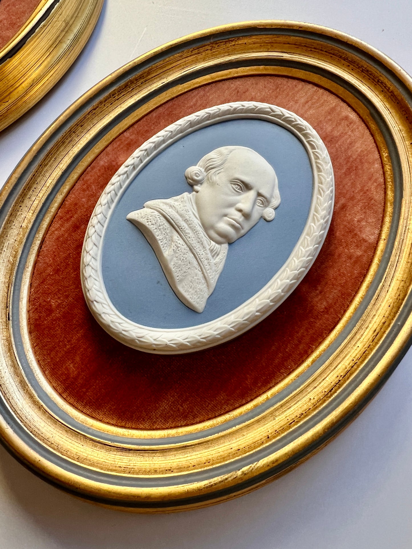 Wedgwood Jasperware Portrait Medallion of George Stubbs Mounted on Coral Velvet in Gold Frame