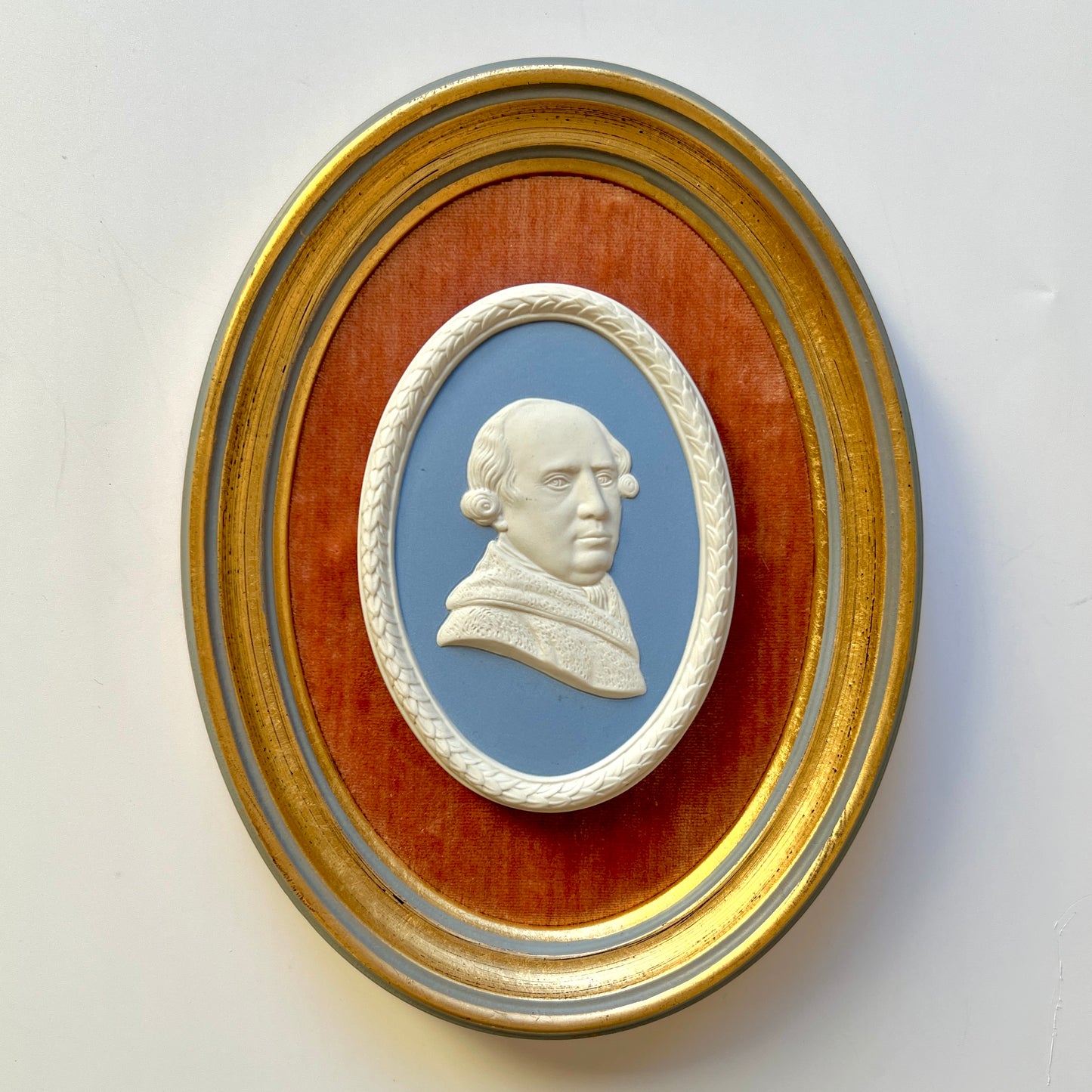 Wedgwood Jasperware Portrait Medallion of George Stubbs Mounted on Coral Velvet in Gold Frame