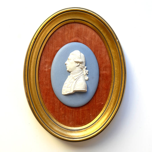 Wedgwood Jasperware Portrait Medallion of Sir Joseph Banks Mounted on Coral Velvet in Gold Frame