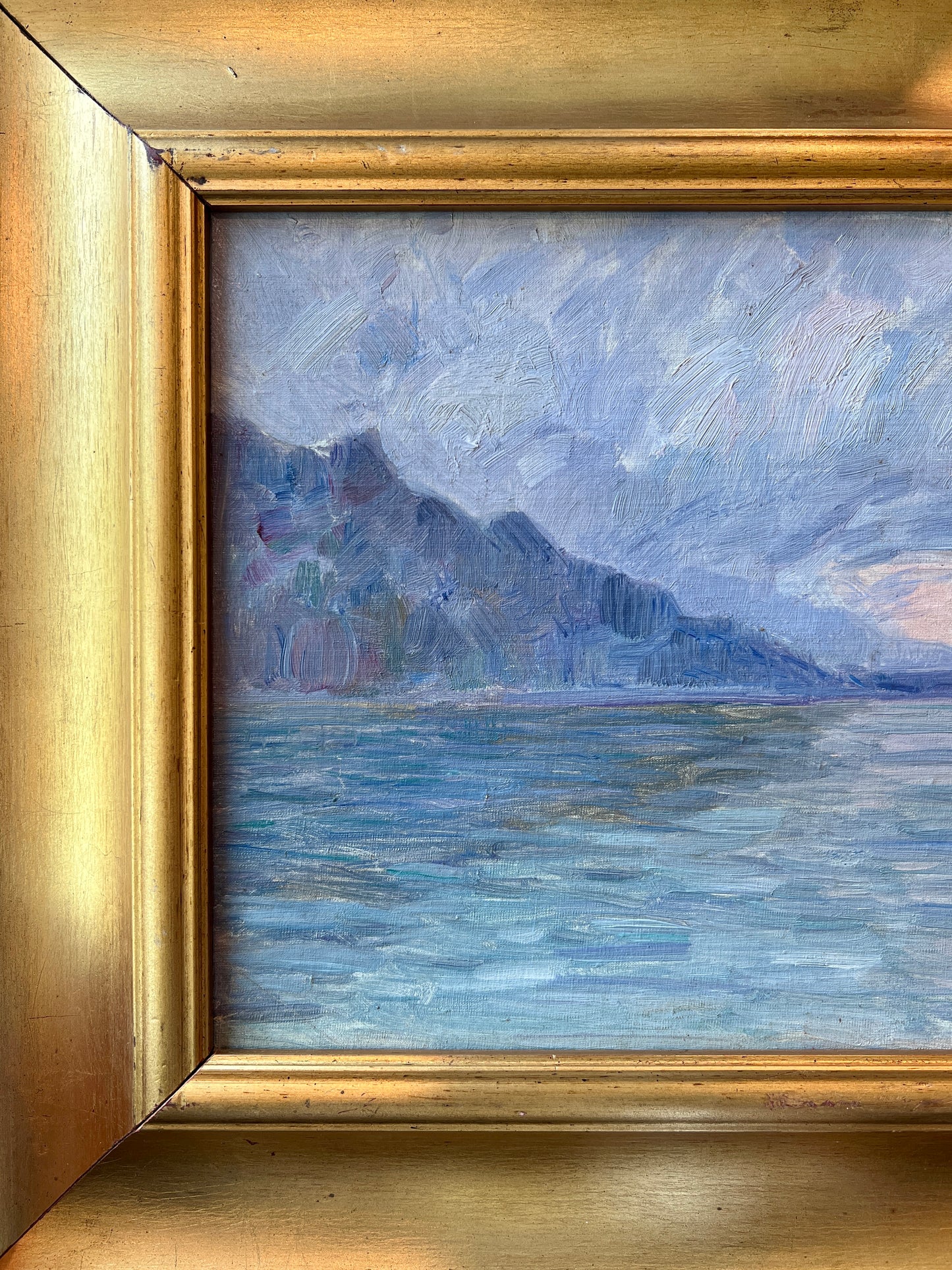 Mid Century French Impressionistic Coastal Sunset Oil Painting in Gold Frame