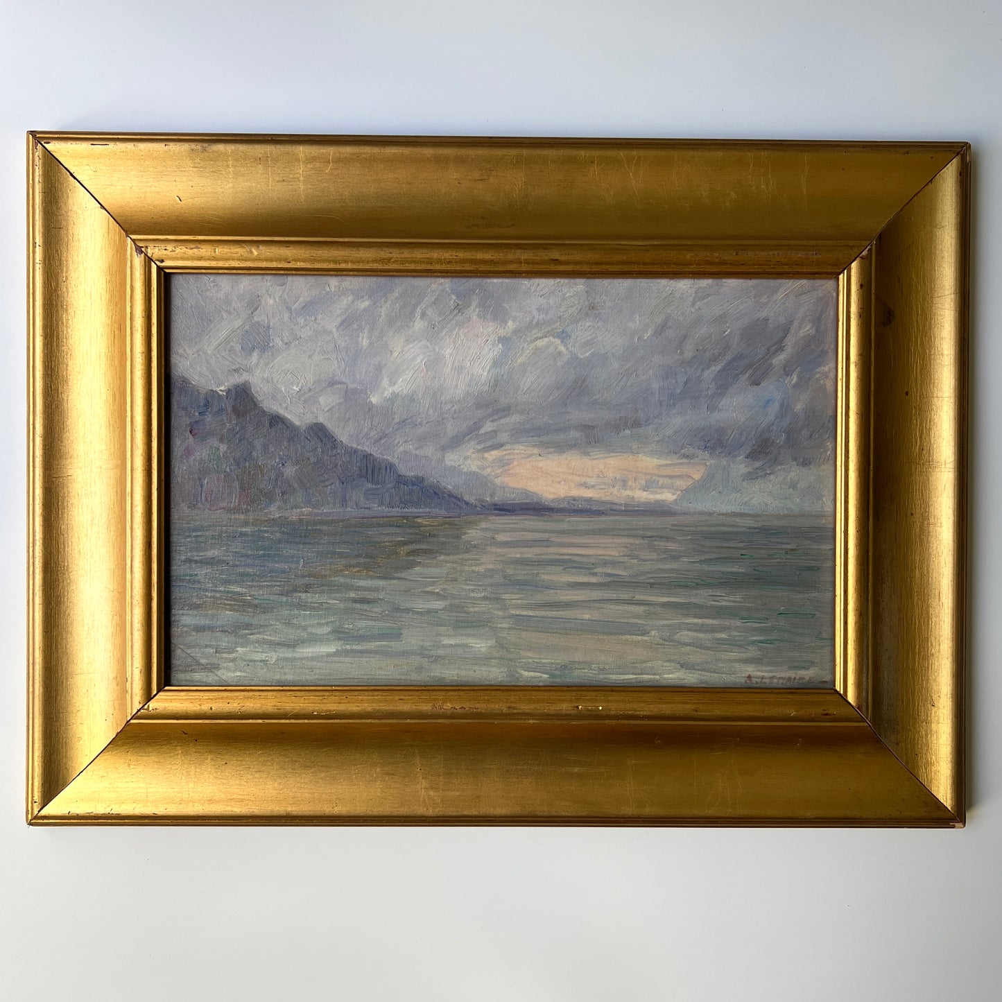 Mid Century French Impressionistic Coastal Sunset Oil Painting in Gold Frame