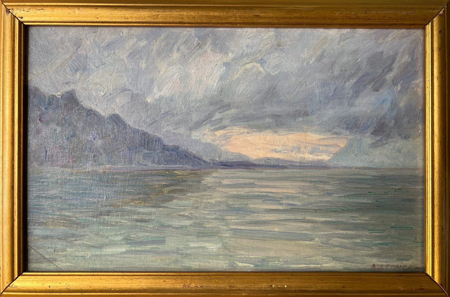 Mid Century French Impressionistic Coastal Sunset Oil Painting in Gold Frame