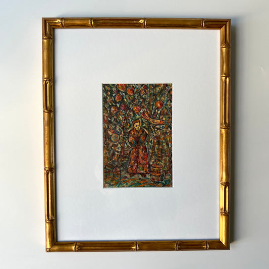 Vintage Abstract Oil Painting Portrait of Taoist Priest Under an Apple Tree in Gold Frame