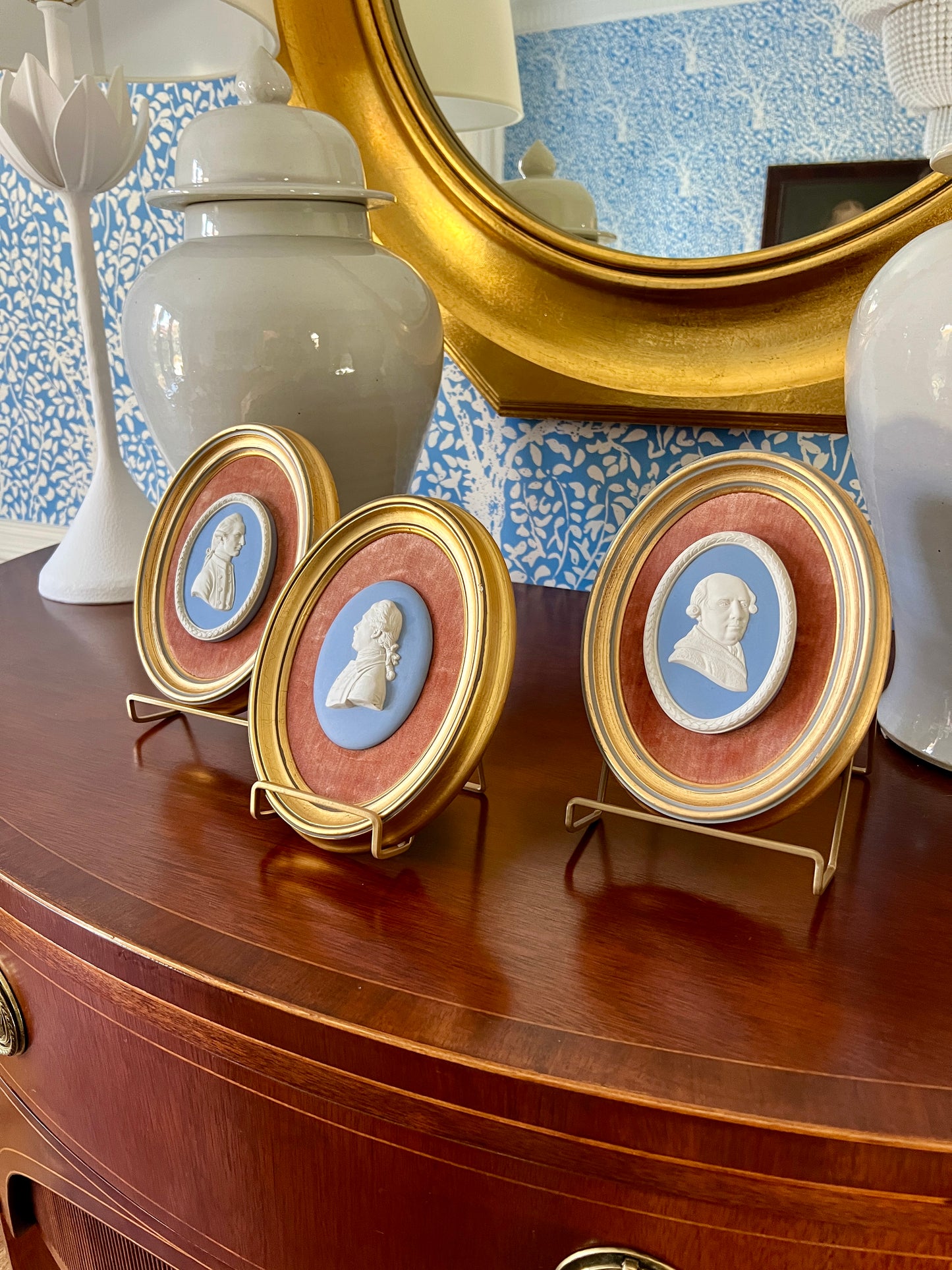 Wedgwood Jasperware Portrait Medallion of George Stubbs Mounted on Coral Velvet in Gold Frame