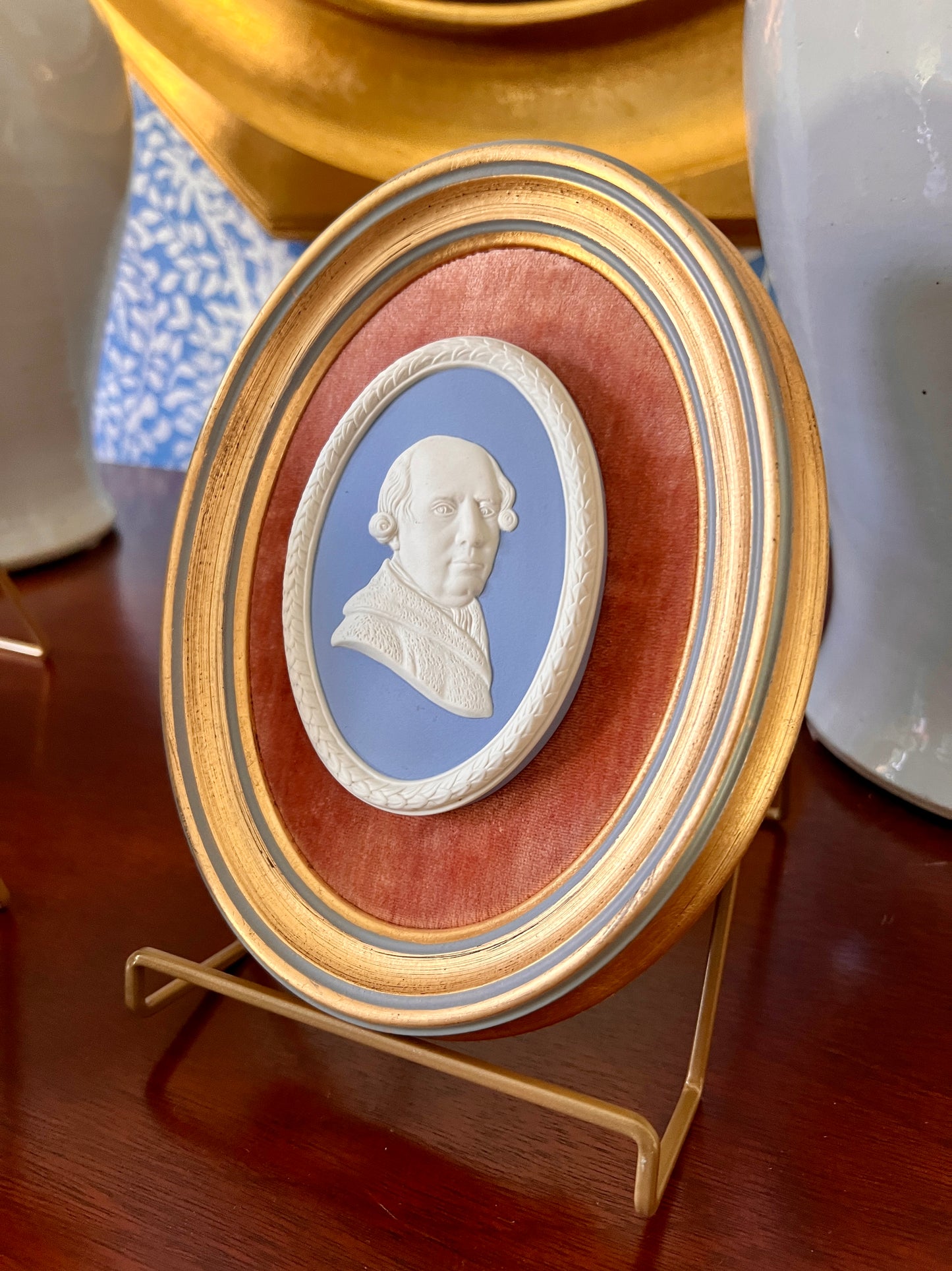 Wedgwood Jasperware Portrait Medallion of George Stubbs Mounted on Coral Velvet in Gold Frame