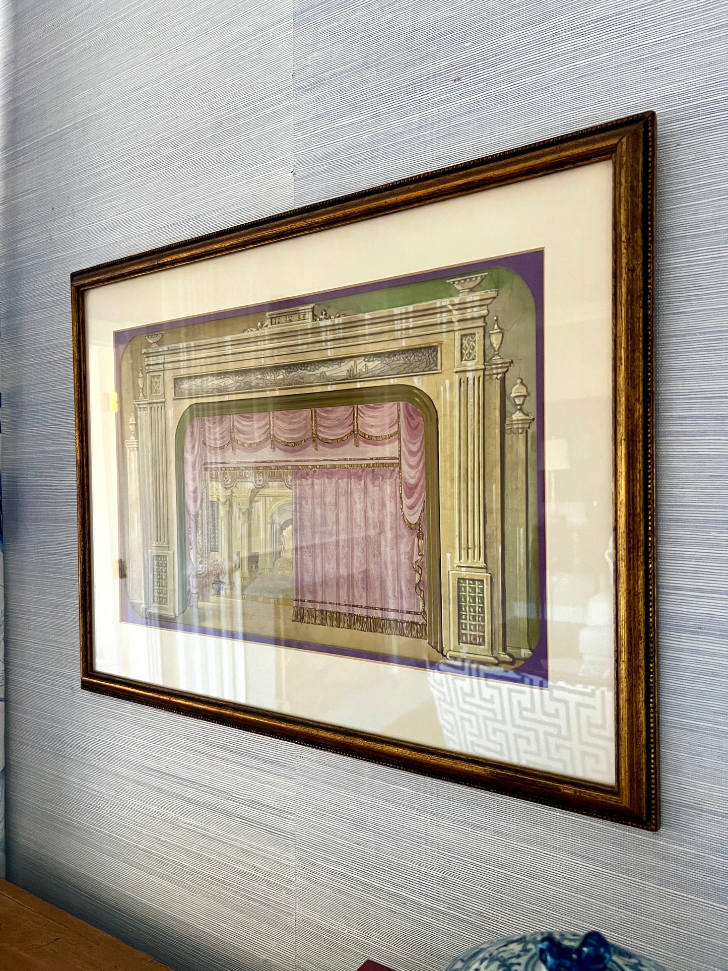 Early 20th C. Elaborate Art Deco Theatrical Set Design #1 Gouache Painting in Gilded Frame