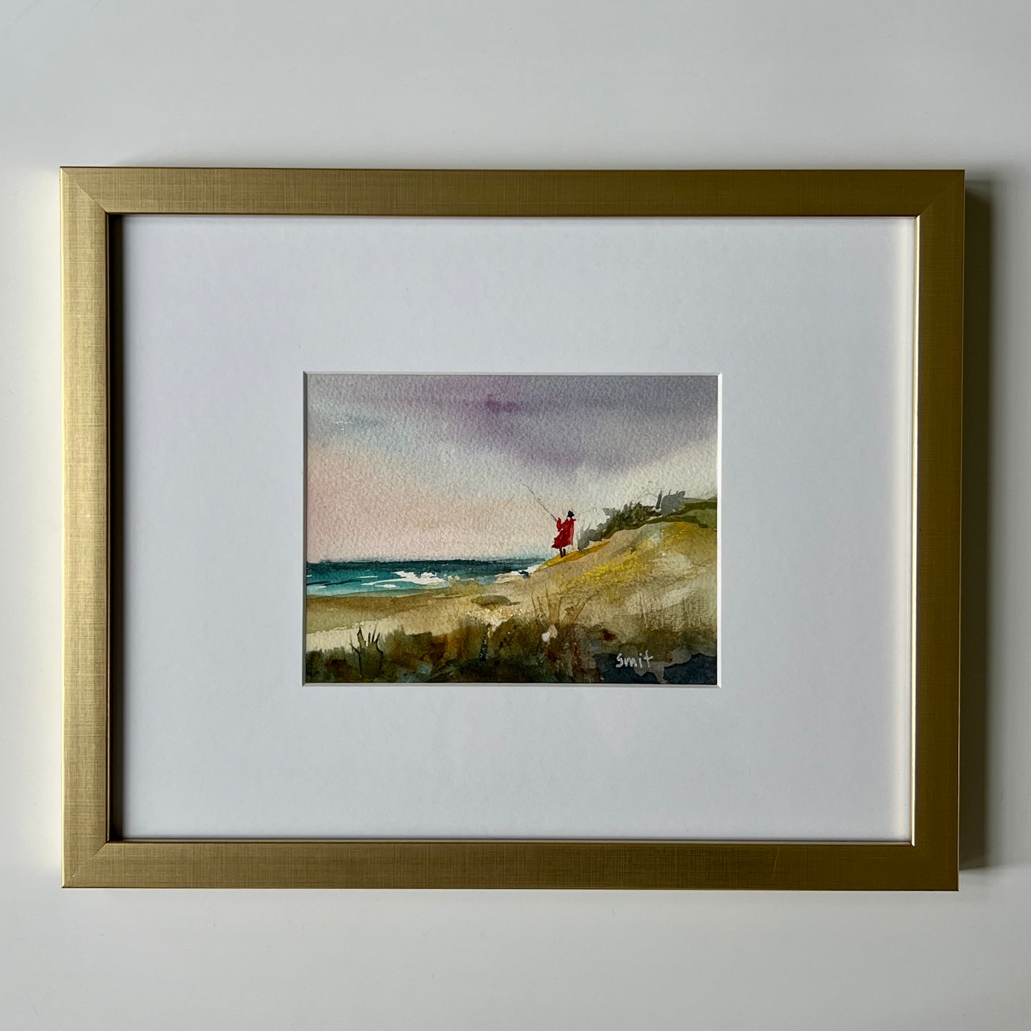 Watercolor Coastal Landscape with Young Fisherman in Gold Frame