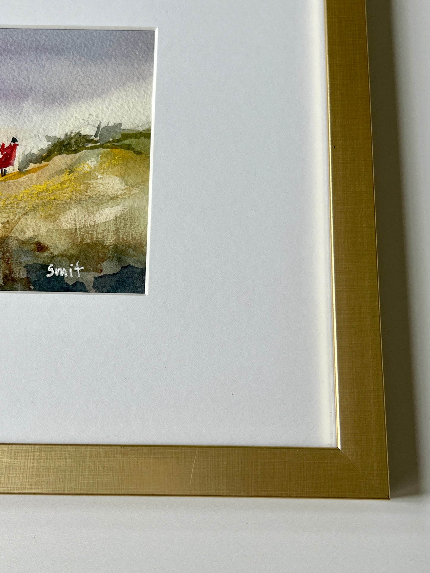 Watercolor Coastal Landscape with Young Fisherman in Gold Frame