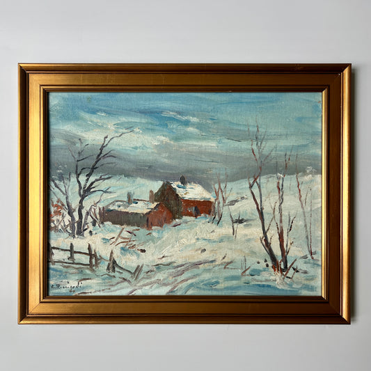 Cesare Ricciardi (American, 1892-1973) Impressionist Snowy Farmhouse Landscape Oil Painting in Gold Frame