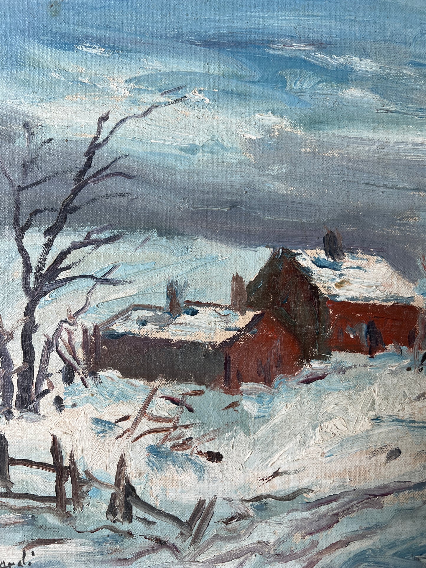 Cesare Ricciardi (American, 1892-1973) Impressionist Snowy Farmhouse Landscape Oil Painting in Gold Frame