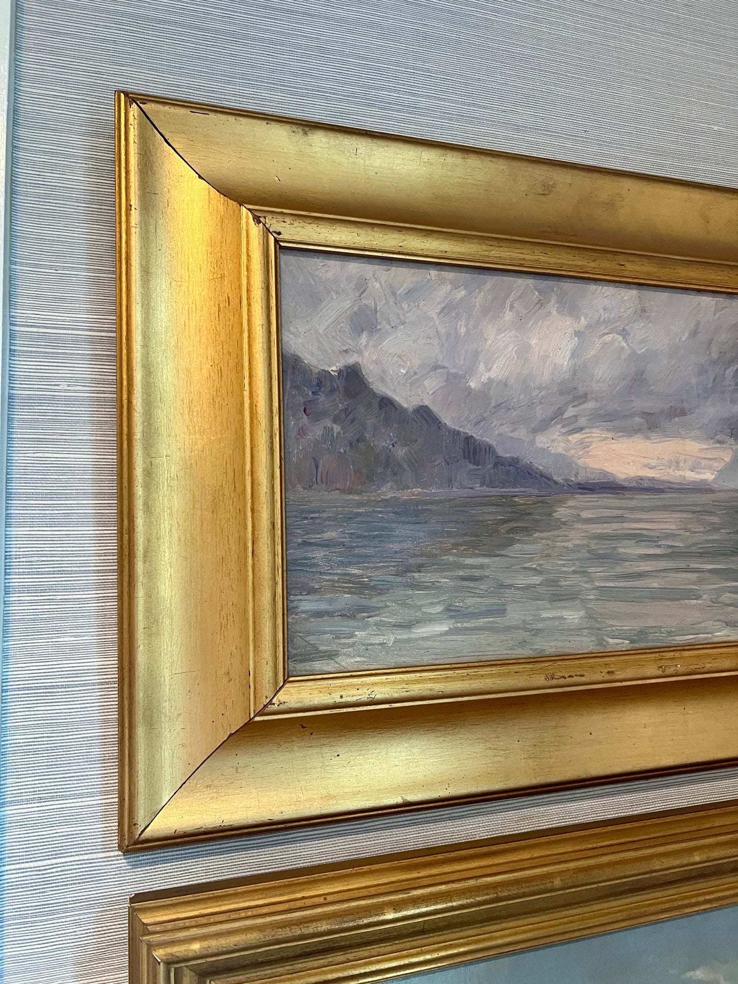 Mid Century French Impressionistic Coastal Sunset Oil Painting in Gold Frame