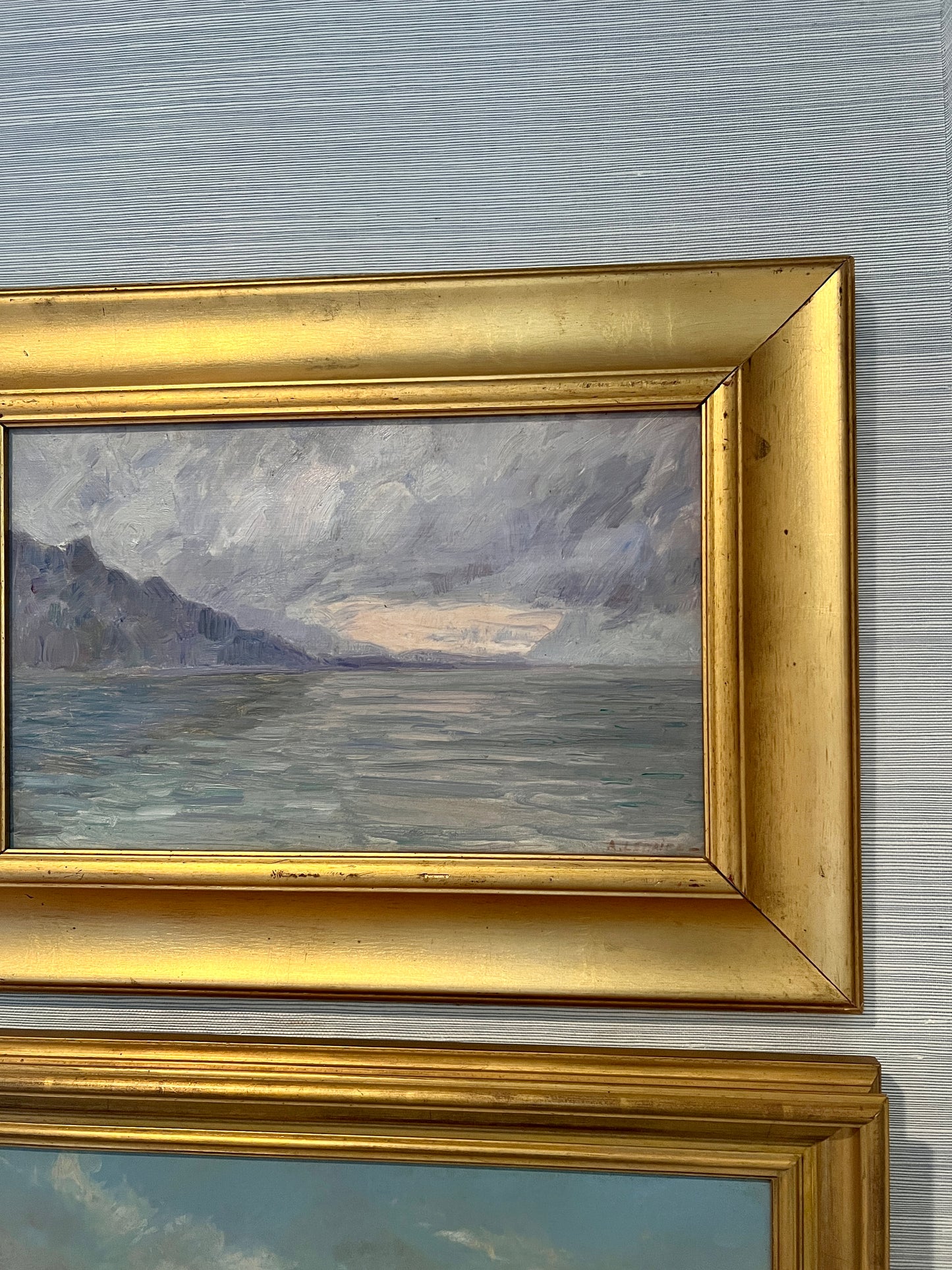 Mid Century French Impressionistic Coastal Sunset Oil Painting in Gold Frame