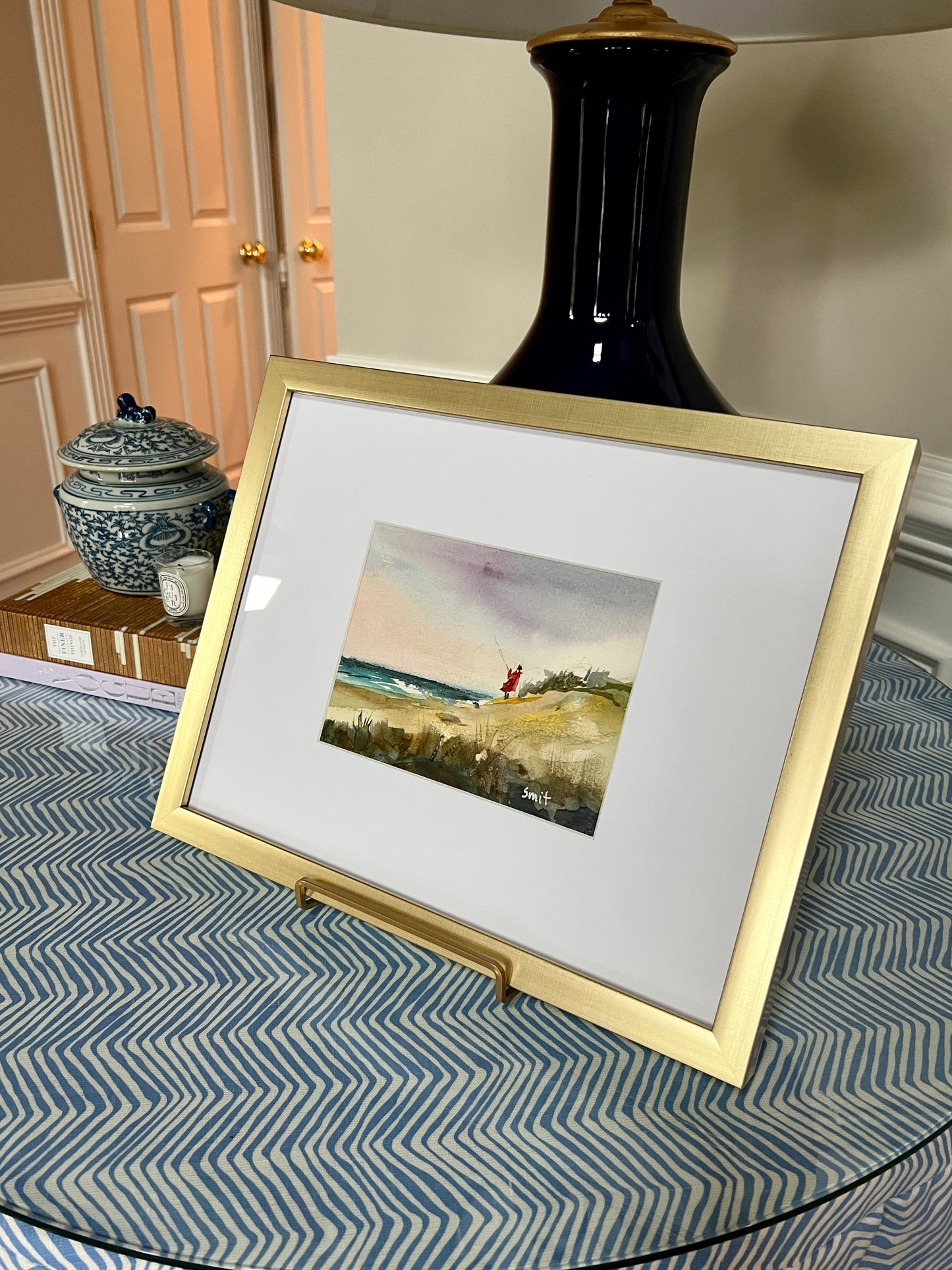 Watercolor Coastal Landscape with Young Fisherman in Gold Frame