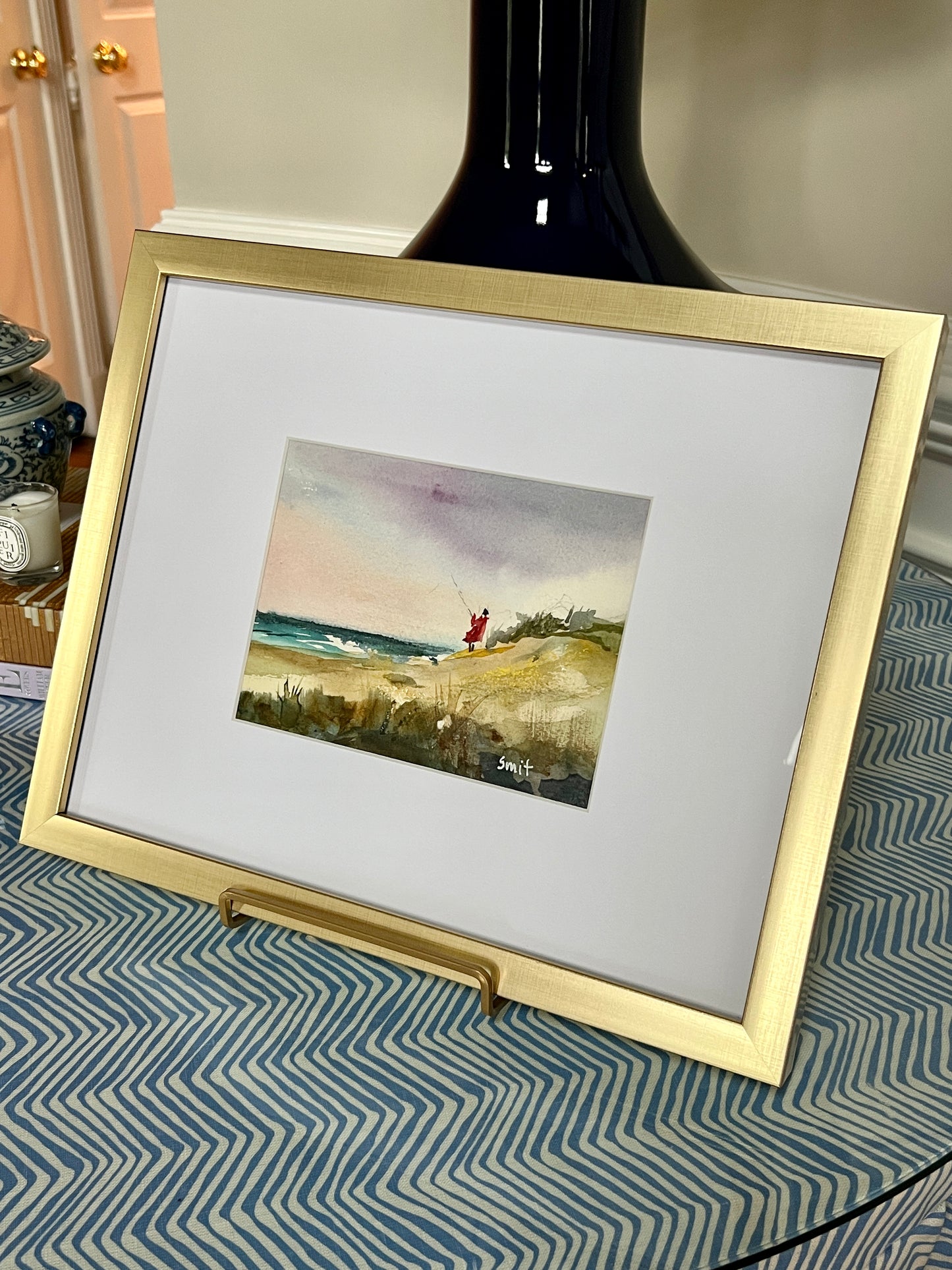 Watercolor Coastal Landscape with Young Fisherman in Gold Frame