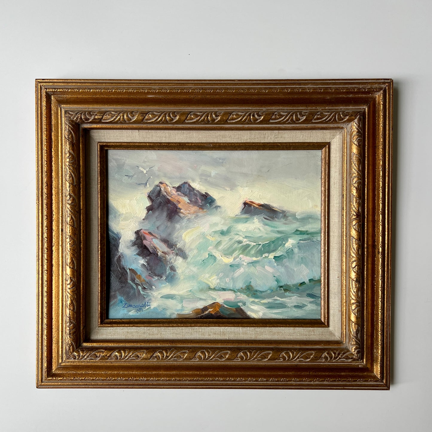 Vintage Frank E. Zuccarelli Rough and Rocky Seascape Oil Painting in Ornate Gold Frame