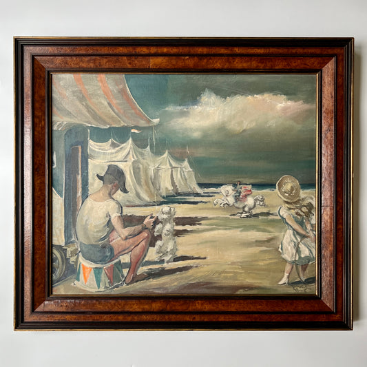 Juan Antonio Morales (Spanish, 1909-1984) Circus Troupe at the Beach Oil Painting in Burl Frame