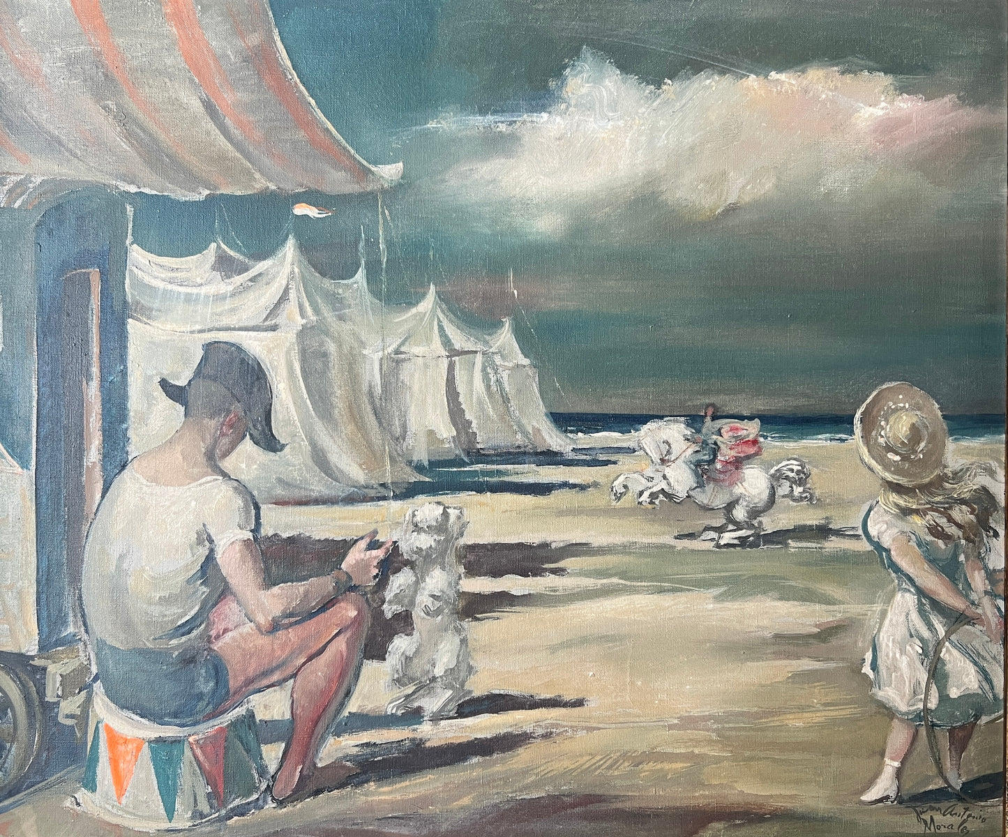 Juan Antonio Morales (Spanish, 1909-1984) Circus Troupe at the Beach Oil Painting in Burl Frame