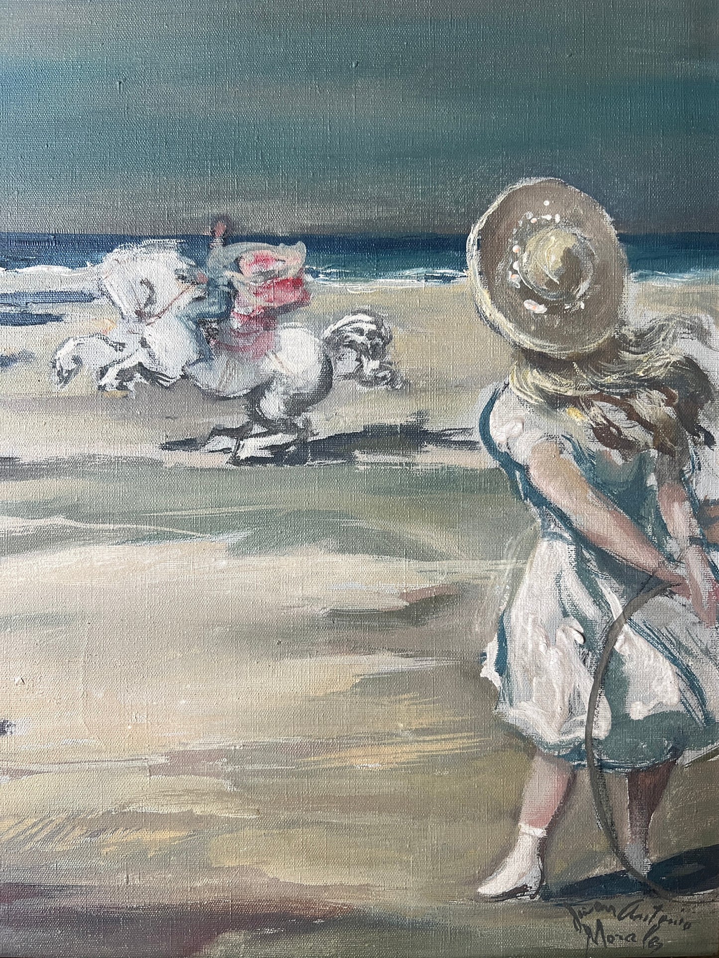 Juan Antonio Morales (Spanish, 1909-1984) Circus Troupe at the Beach Oil Painting in Burl Frame