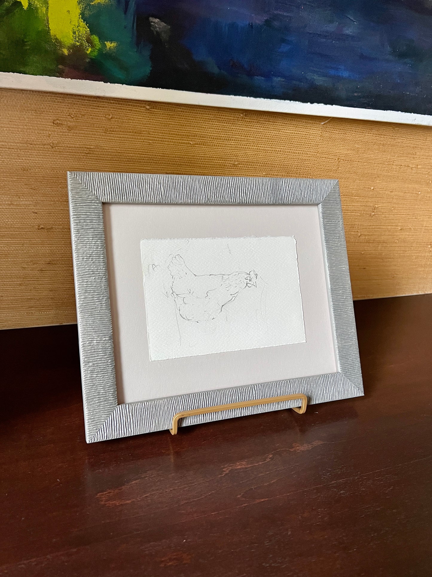 Emily Hirtle Contemporary Chicken Drawing in Custom Silver Frame