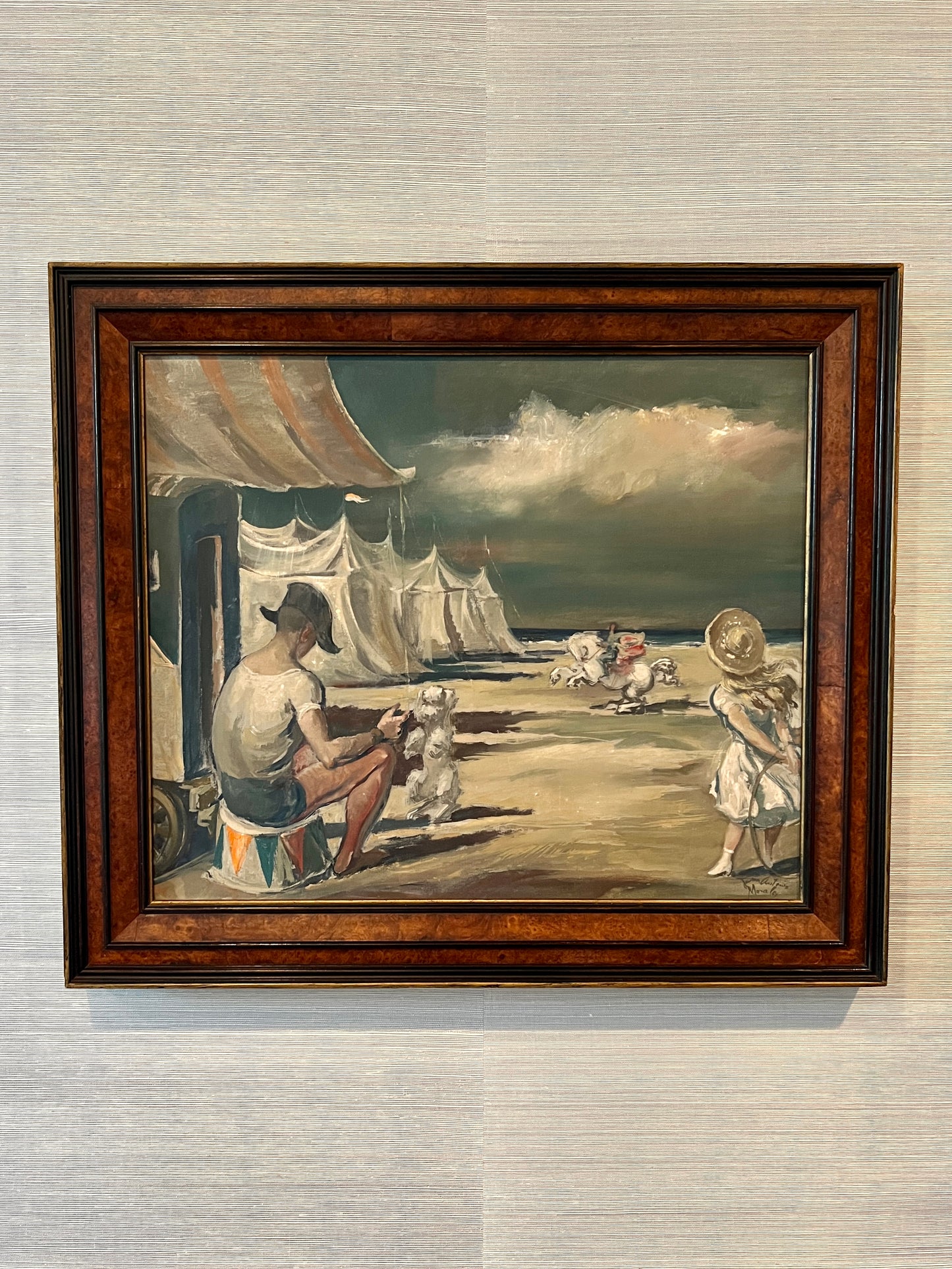 Juan Antonio Morales (Spanish, 1909-1984) Circus Troupe at the Beach Oil Painting in Burl Frame