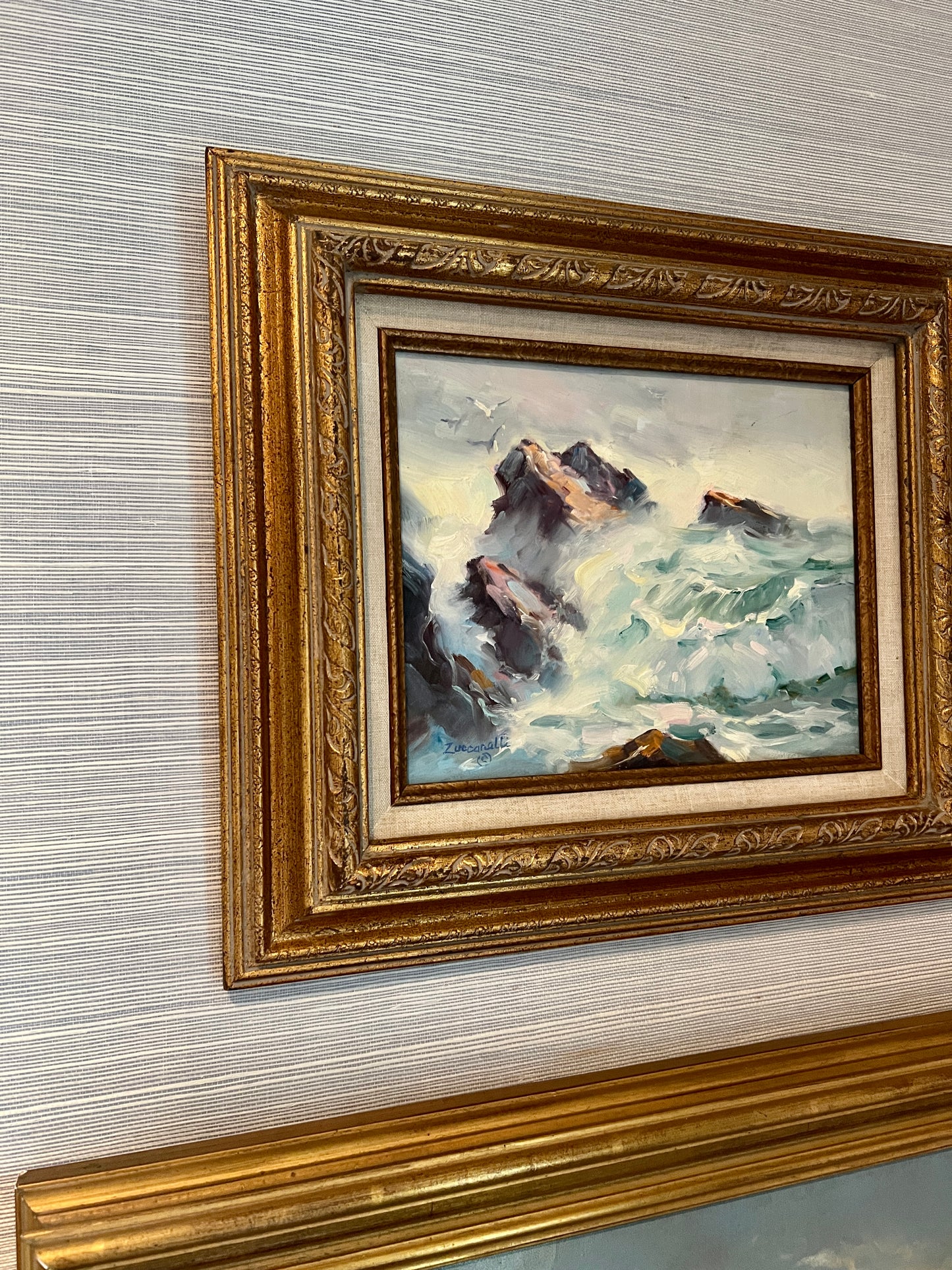 Vintage Frank E. Zuccarelli Rough and Rocky Seascape Oil Painting in Ornate Gold Frame