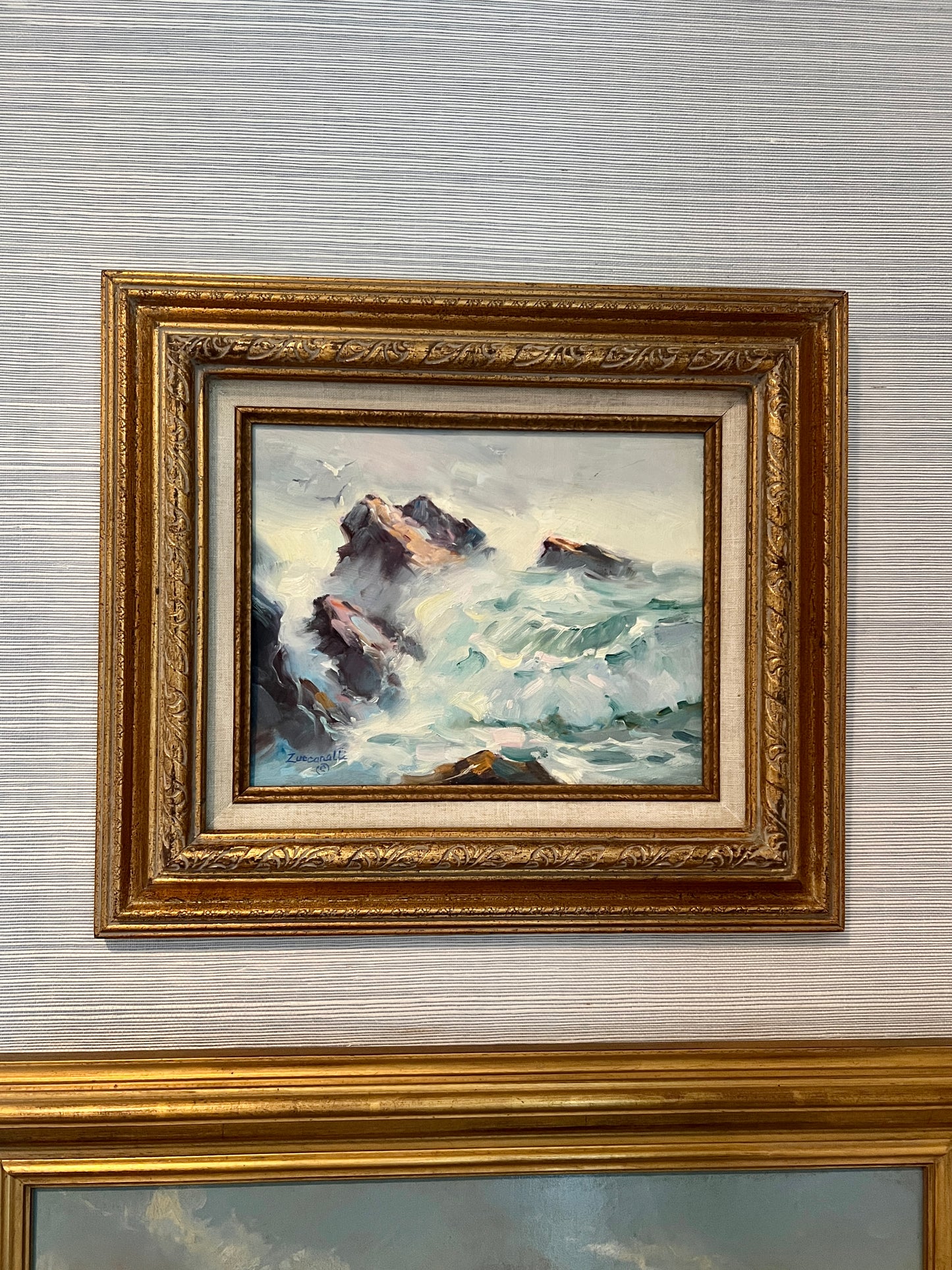 Vintage Frank E. Zuccarelli Rough and Rocky Seascape Oil Painting in Ornate Gold Frame