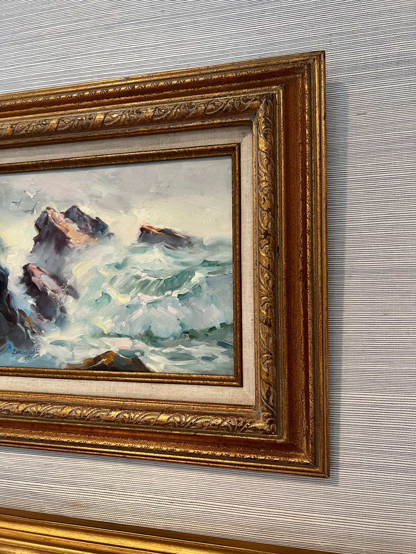 Vintage Frank E. Zuccarelli Rough and Rocky Seascape Oil Painting in Ornate Gold Frame