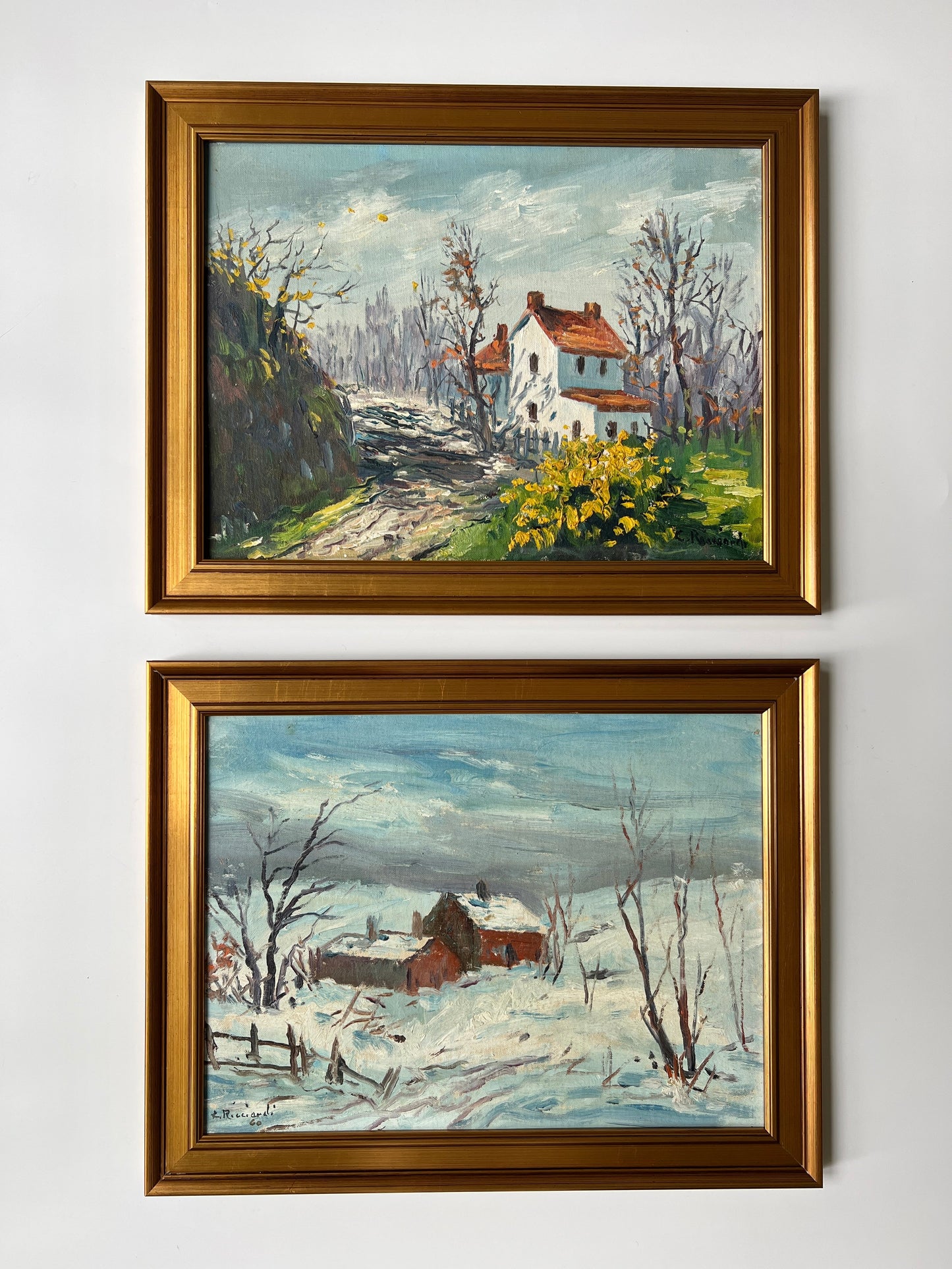 Cesare Ricciardi (American, 1892-1973) Impressionist Snowy Farmhouse Landscape Oil Painting in Gold Frame